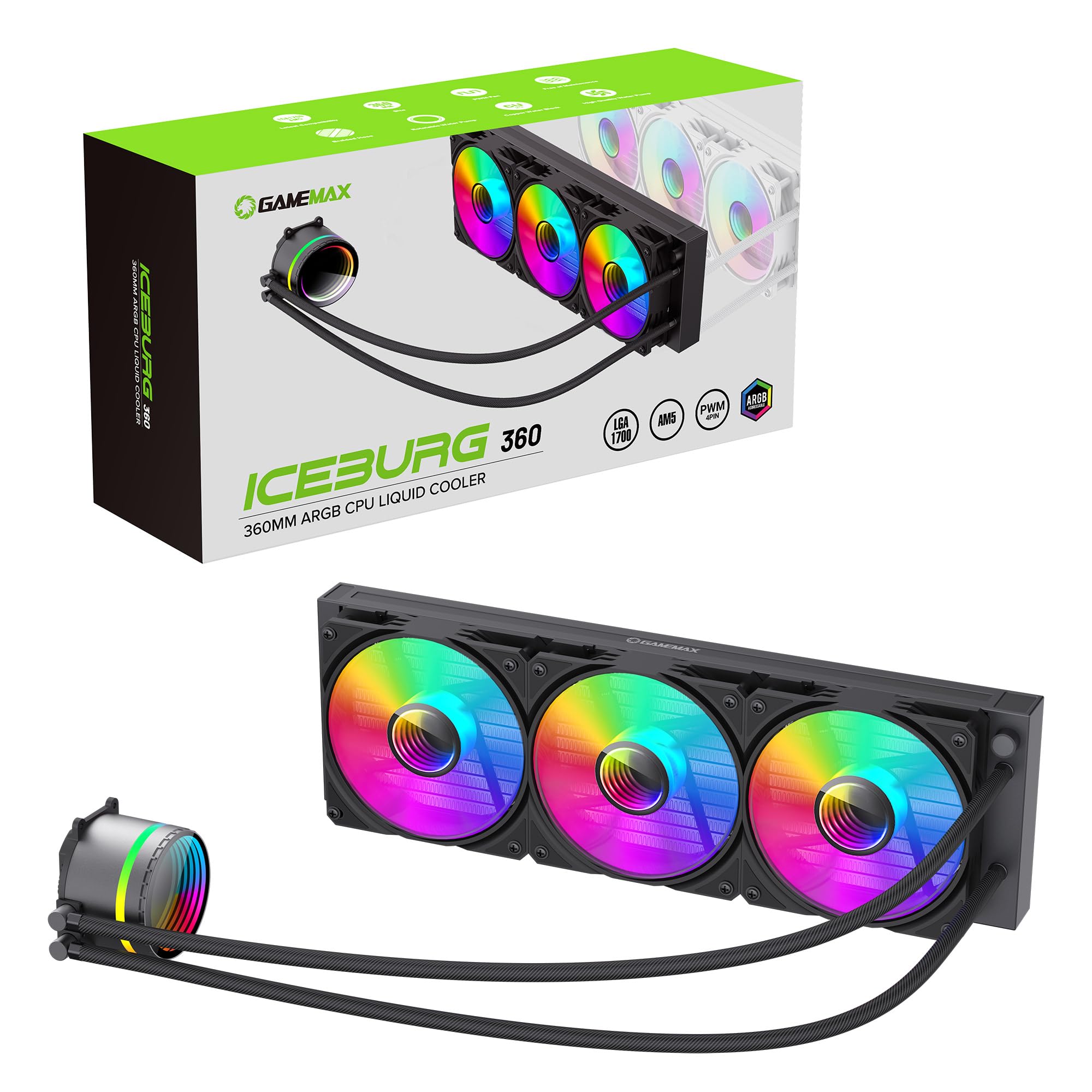 Gamemax Iceburg 360Mm Argb Liquid Cpu Cooler 12Cm Argb Pwm Fans Infinity Mirror