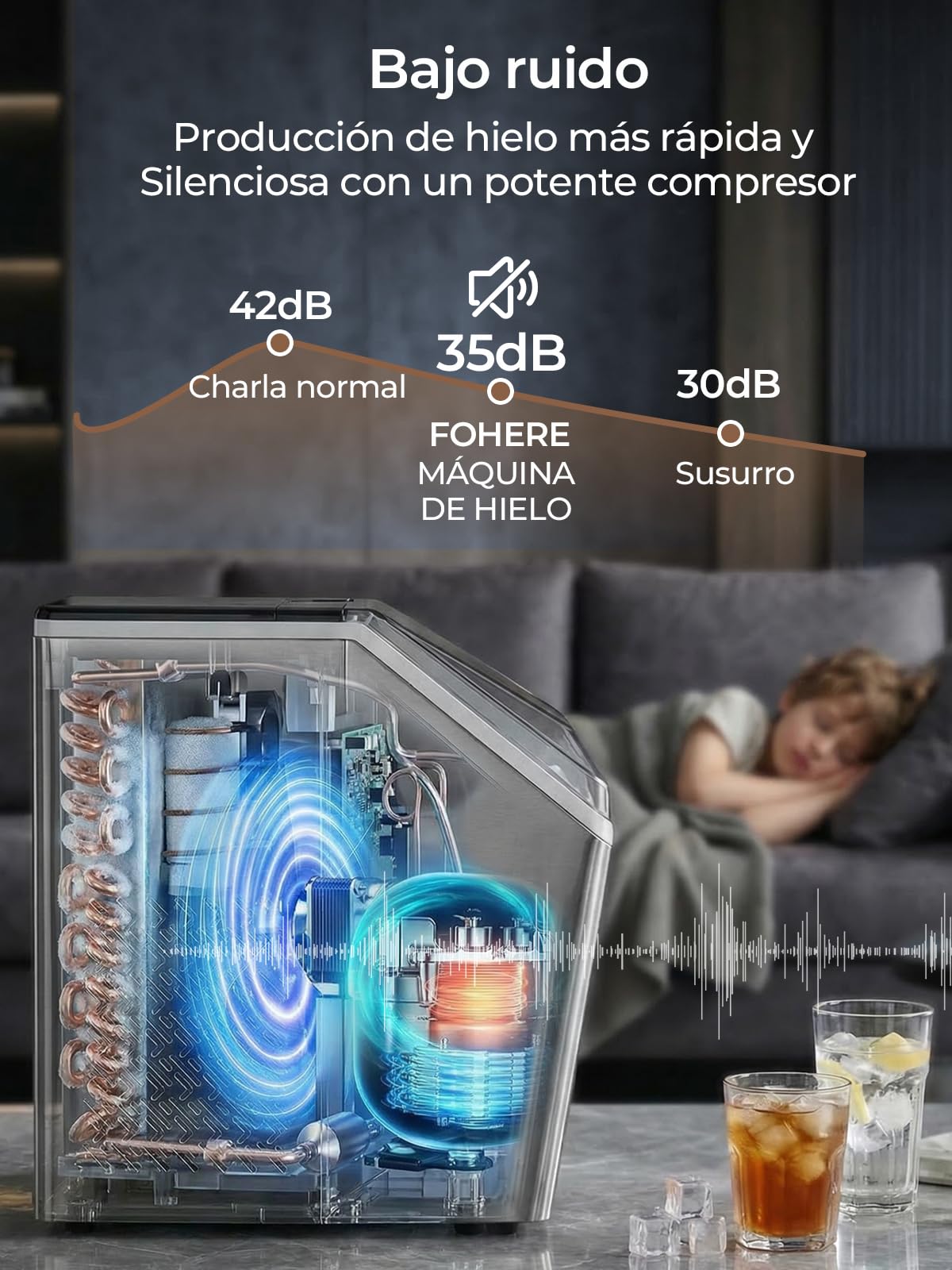 FOHERE Máquina de Hielo de Acero Inoxidable, 24kg/24h, 24 Cubitos en 10-15 Min, Tanque 3,2L con Temporizador, Autolimpieza & Descongelación, Doble Sistema de Llenado, Hostelería & Hogar
