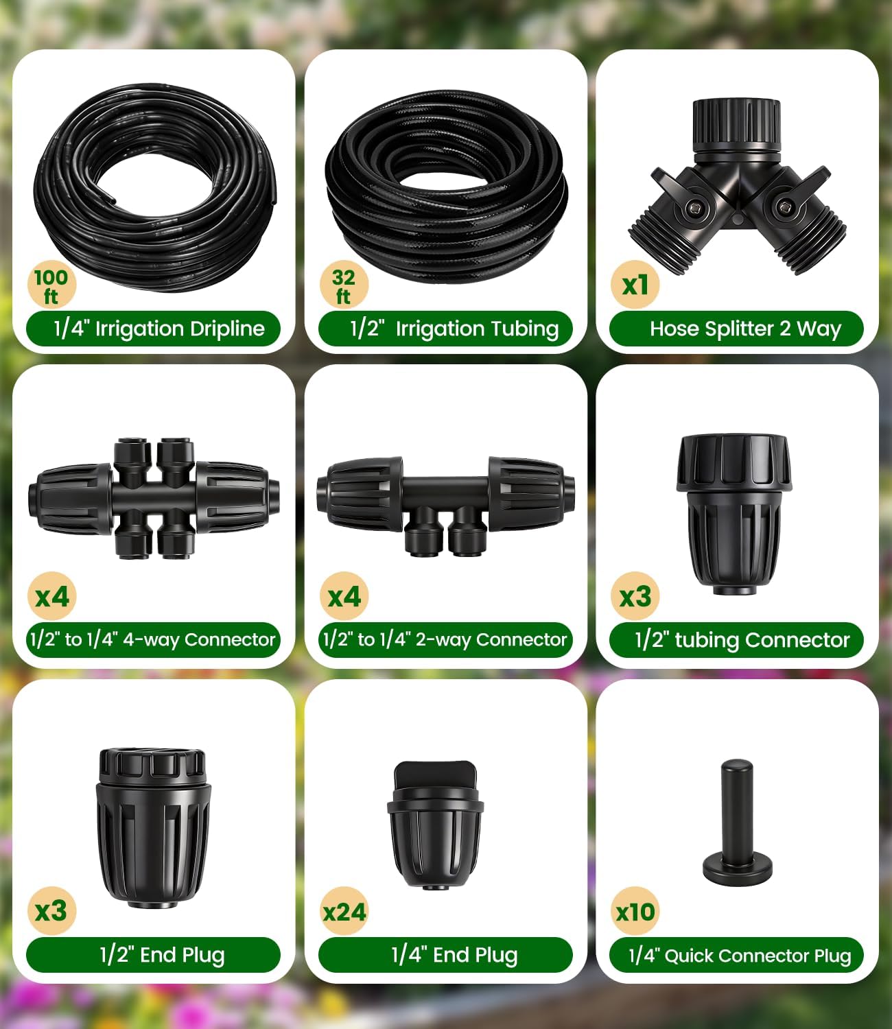 132FT Drip Irrigation Tubing Kit with 1/2 inch PVC Tubing, 1/4 inch Dripline, and Irrigation Parts for Garden, Raised Beds, and Greenhouse Watering