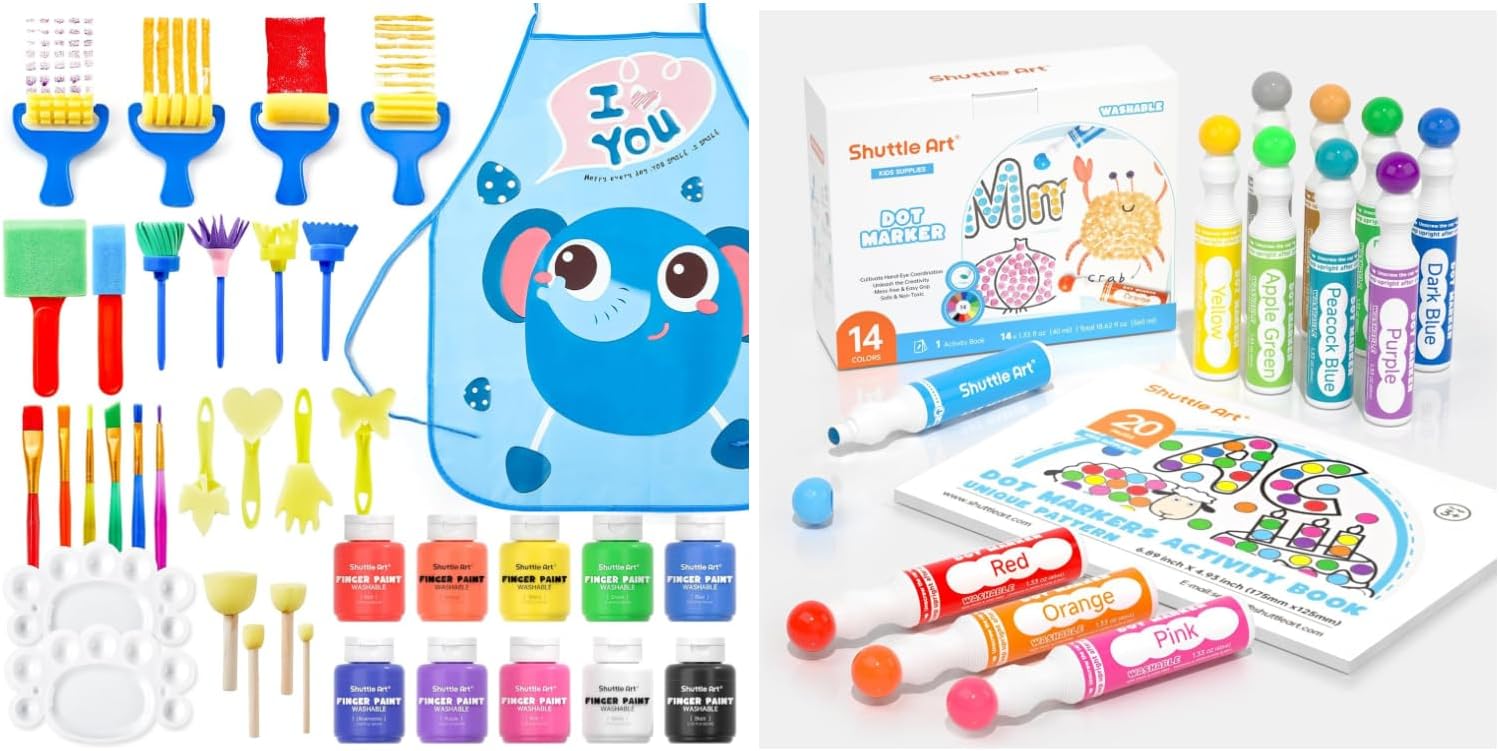 Shuttle Art 33 Pack Non Toxic Kids Painting Set with 10 Colors Dot Markers, 14 Colors Bingo Daubers with 20 Unique Patterns