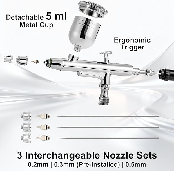 Airbrush Kit with Air Compressor, 55 PSI High-Pressure Non-Clogging Air Brush Gun with 0.2/0.3/0.5mm Nozzles & Cleaning Kit (4 × 120 ml Cleaner) – for Model Painting, Artwork & Crafts - 3
