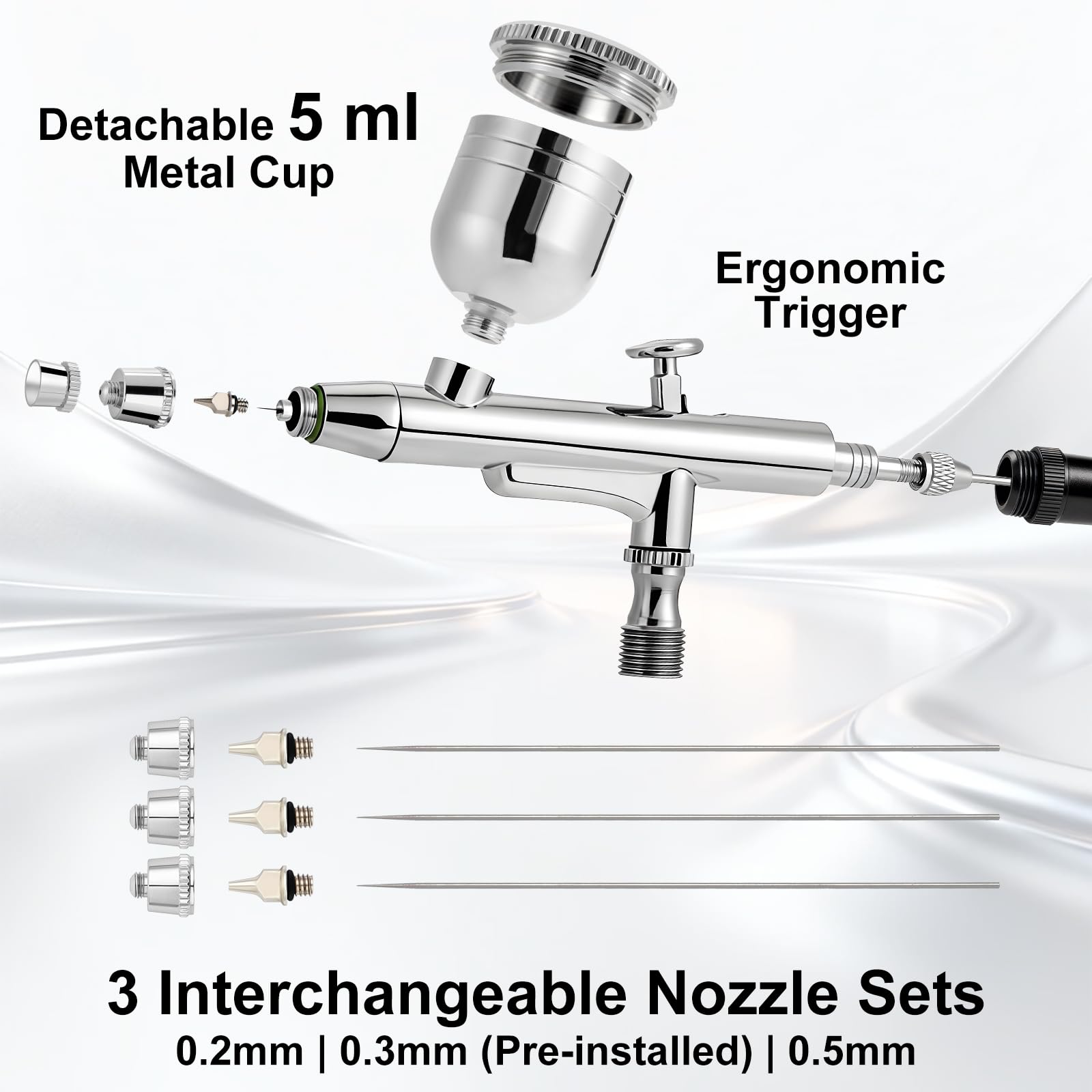 Airbrush Kit with Air Compressor, 55 PSI High-Pressure Non-Clogging Air Brush Gun with 0.2/0.3/0.5mm Nozzles & Cleaning Kit (4 × 120 ml Cleaner) – for Model Painting, Artwork & Crafts - 4