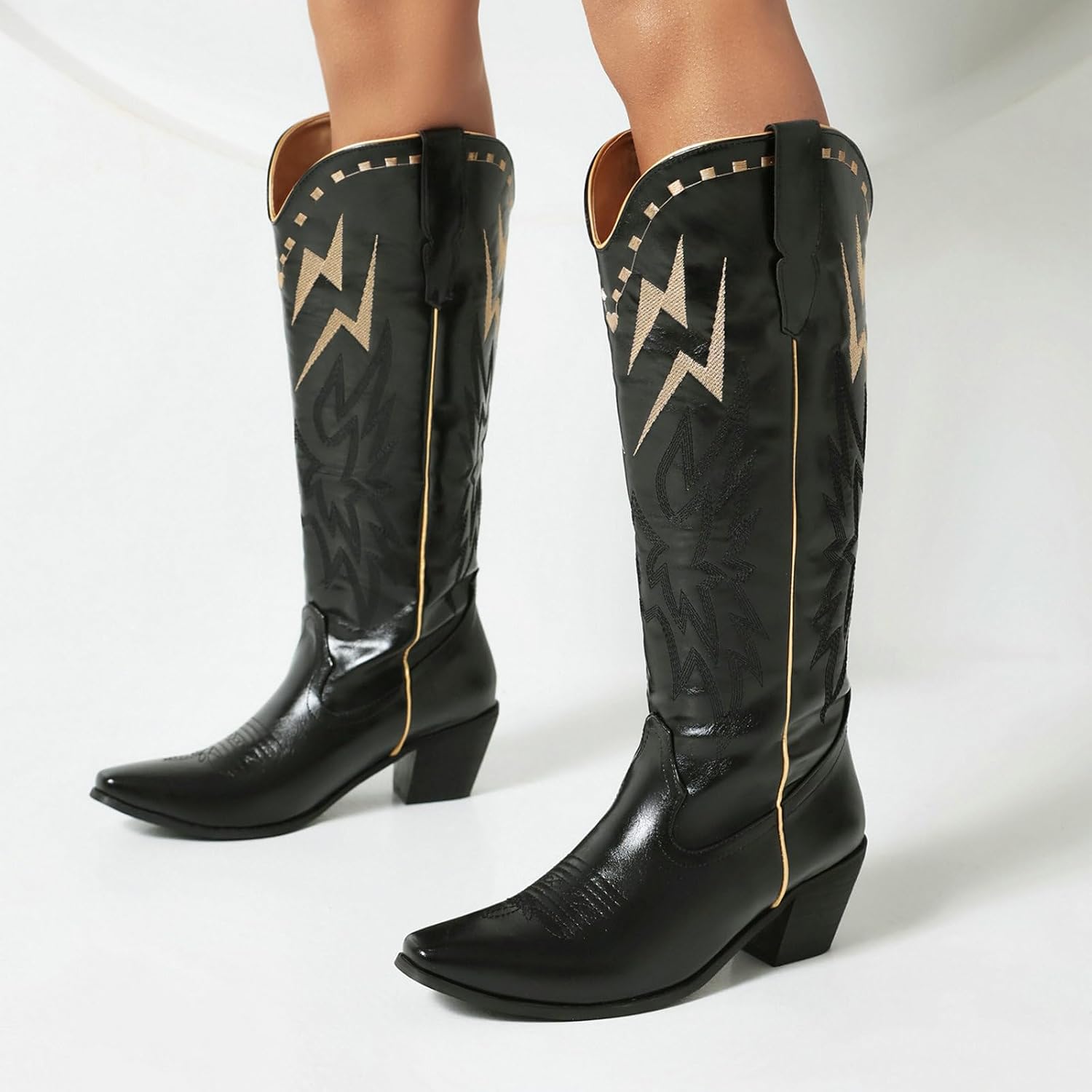 KiutSymo Cowboy Boots for Women Knee High Cowgirl Western Boots Chunky Block Heel Retro Embroidered Pointed Toe Fashion Vintage Pull On Country Tall Boot