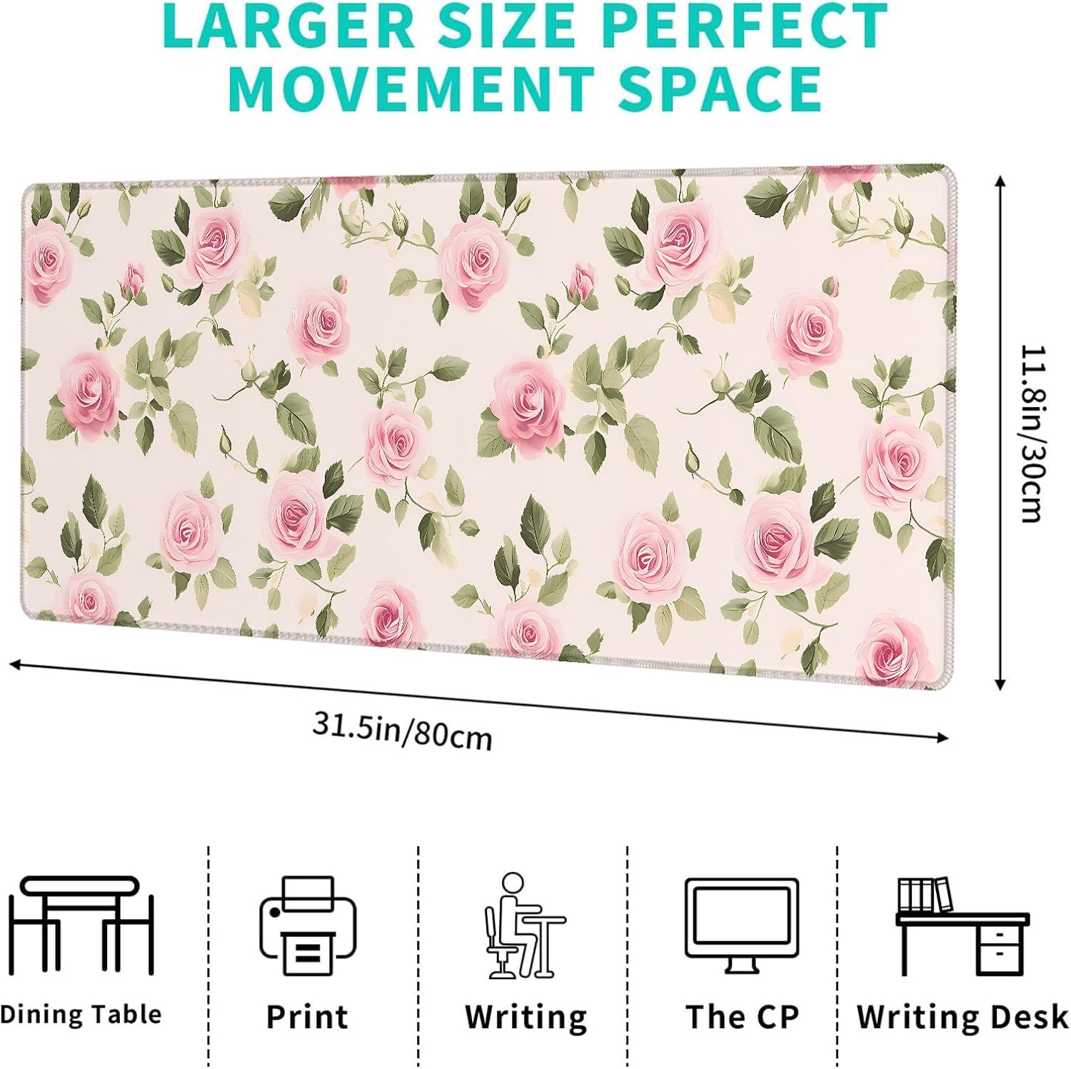 Romantic Pink Rose Gaming Mouse Pad – 12x31.5in Non-Slip Rubber Desk Mat with Floral Design – Large Extended Mousepad for Office Home – Deskmat Gifts for Women Shabby Chic Flower Lovers Decor