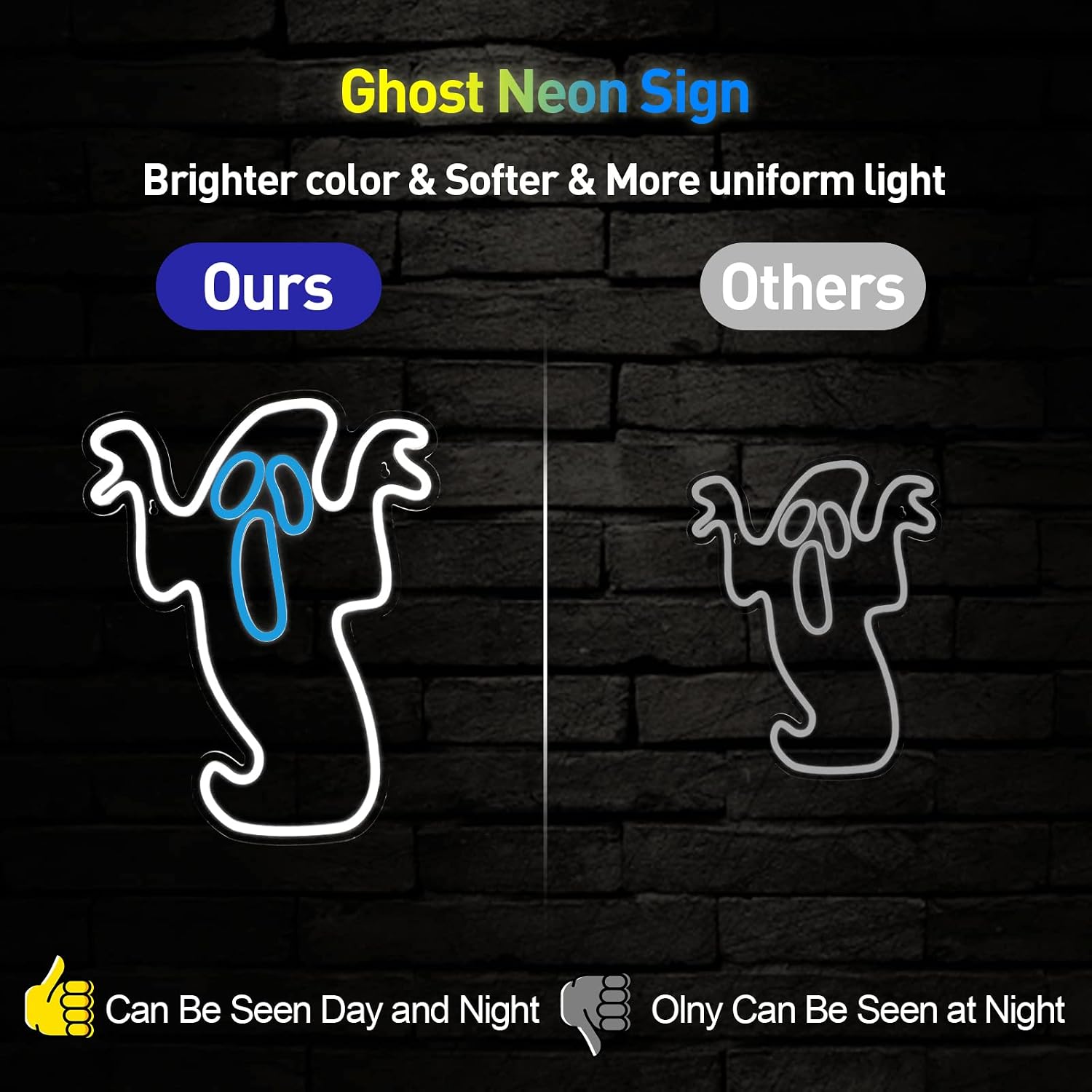 Halloween Ghost Neon Light - Flickering Boo Neon Signs for Wall Decor 16.3x13 Inch, USB Powered LED Halloween Ghost Neon Light for Bedroom Christmas Gift for Party Decor Kids Game Room Bar, White image 4