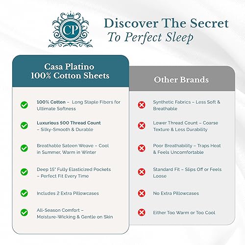 Miniatura 6 de Casa Platino Juego de sábanas de 500 hilos para cama tamaño King, acabado satinado suave y sedoso, sábanas de algodón suave y liso, sábana bajera