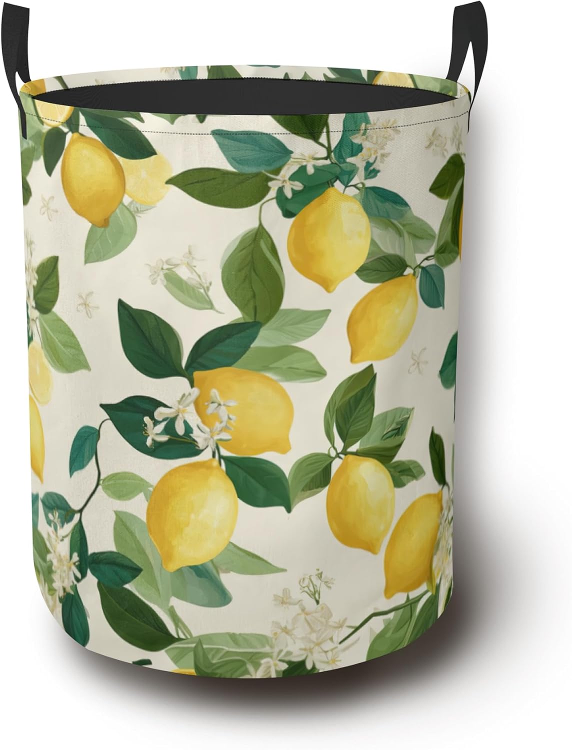 Lemon Leaf Laundry Hamper with Handles,Collapsible Waterproof Storage Basket for Dirty Clothes Books Round Organizer Bin for Bathroom Bedroom College Dorms 16" x 20.8"