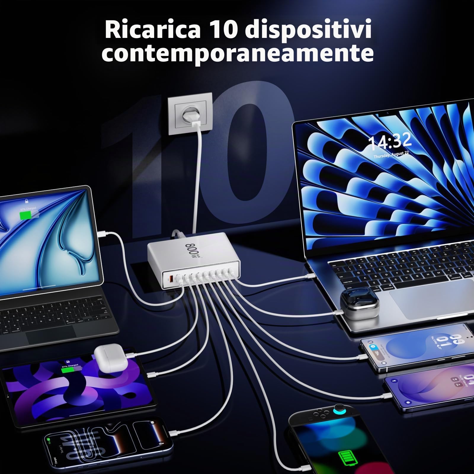 Stazione di ricarica multi-porta 800W USB‑C con doppio PD PPS, 8 porte USB‑C e 2 porte USB‑A, compatibile con MacBook Pro/Air, iPhone 16/15/14, Galaxy S25/S24/S23