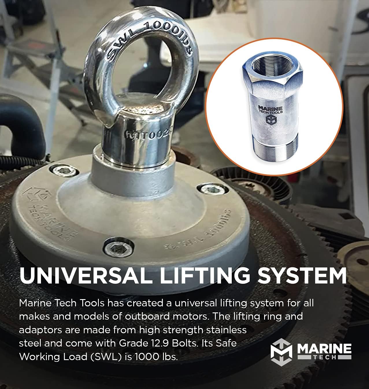 Marine Tech Tools Evinrude E-TEC G2 Lifting Adapter 357667 (AMT0070), Evinrude Outboard Lifting Tool, Threads on Evinrude E-TEC G2 Flywheels, Fits Universal Outboard Lifting Ring (AMT0022)