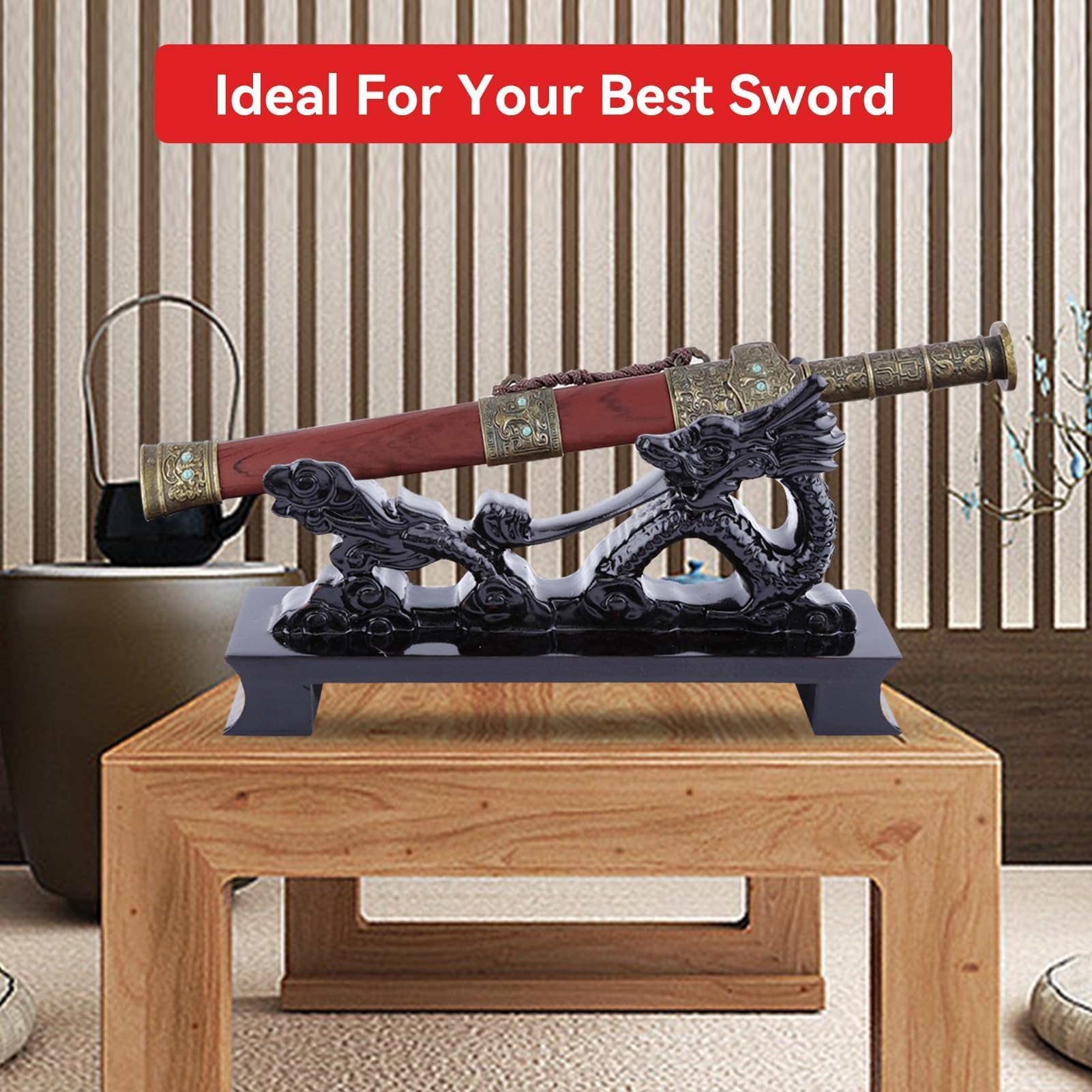HERCHR Singolo Orizzontale Stand Wakizashi, Supporto per Spada Nero Cinese a Forma Di Drago, Porta Spada Wakizashi Katana Espositore Da Tavolo a Forma Di Drago, Supporto Da Tavolo per Spada