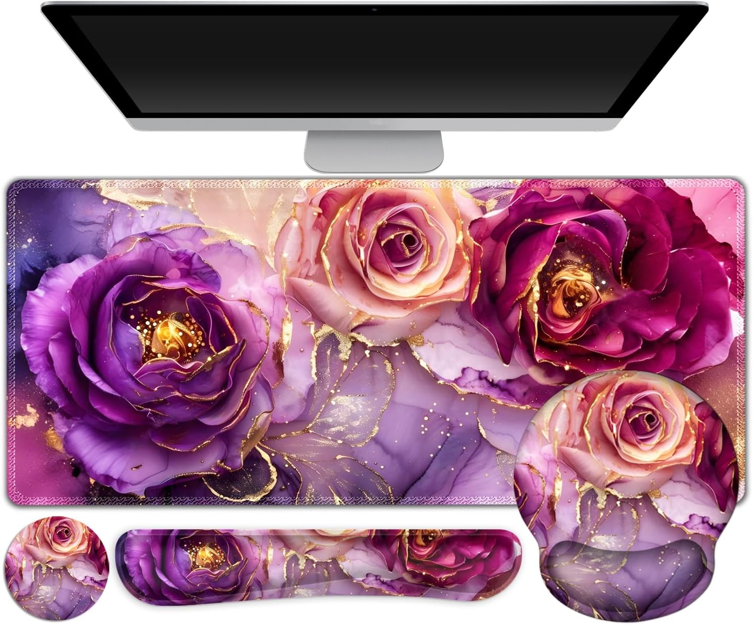 Gaming Mouse Pad, Large Desk Mat, Cute Desk Pad Protector, 4in1 XXL Mousepad + Keyboard Wrist Rest+Mouse Wrist Rest+Coaster Set with Ergonomic Desk Pad for Home Office PC, Marble Rose Purple Flowers