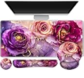 Gaming Mouse Pad, Large Desk Mat, Cute Desk Pad Protector, 4in1 XXL Mousepad + Keyboard Wrist Rest+Mouse Wrist Rest+Coaster Set with Ergonomic Desk Pad for Home Office PC, Marble Rose Purple Flowers