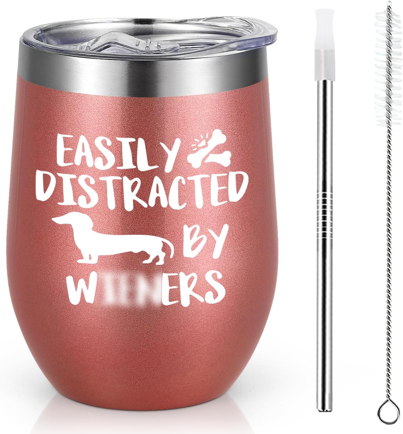 LiqCool Daschund Gifts for Women, Dog Mom Gifts for Women, Easily Distracted By Wine Tumbler with Lid, Funny Daschund Gifts for Christmas Birthday, Stainless Steel(12 Oz, Rose Gold)