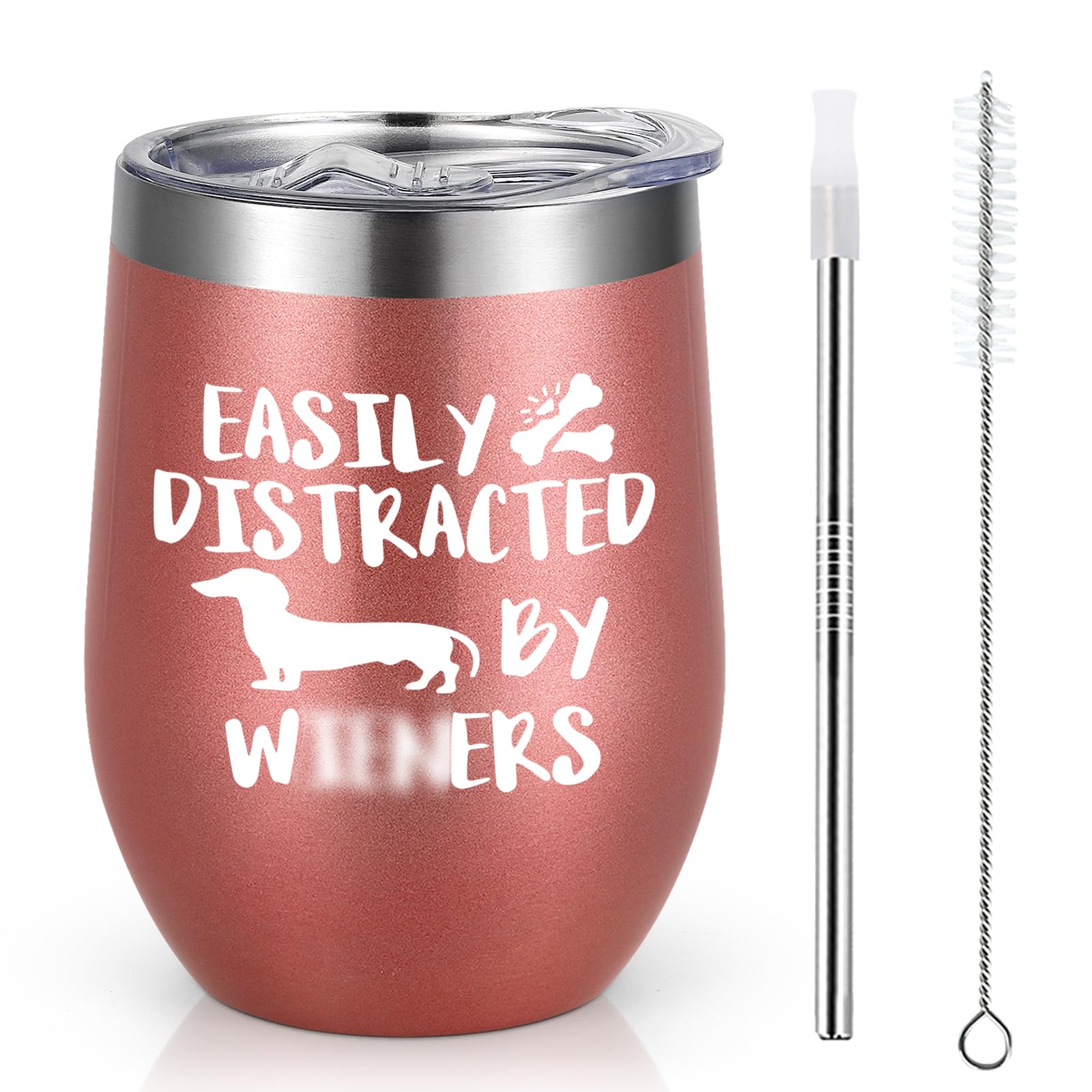 LiqCool Daschund Gifts for Women, Dog Mom Gifts for Women, Easily Distracted By Wine Tumbler with Lid, Funny Daschund Gifts for Christmas Birthday, Stainless Steel(12 Oz, Rose Gold)