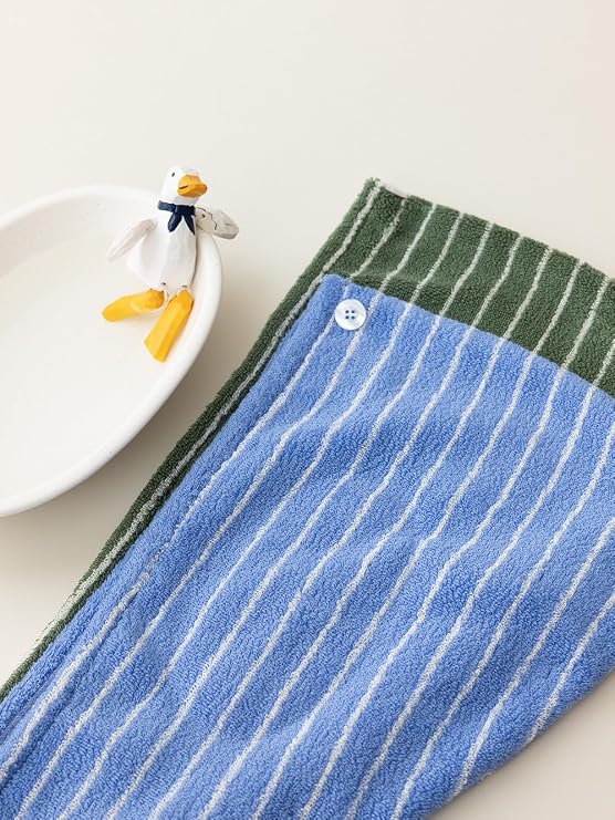 WENSHUO Azure Striped Hair Towel Button Fasten,100% Combed Cotton,Absorbent