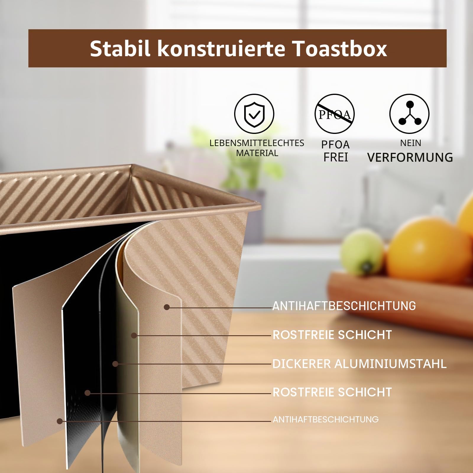 Toastbrot Backform mit Deckel, 1000g und 450g, 2Pcs, Antihaft Pullman Brotbackform, Wellbrotbackform mit Deckel für Brot, Sandwiches und Toast, Gold