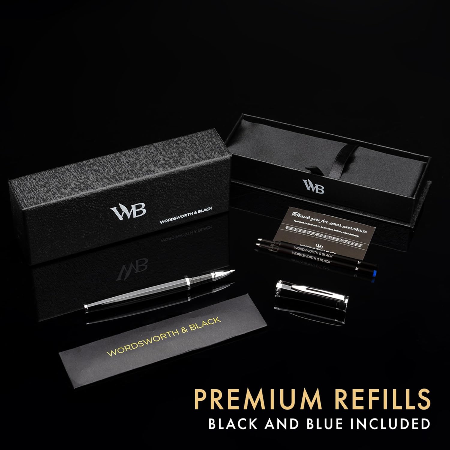 Wordsworth and Black Rollerball Pen - Luxury Pen - Chrome Finish, Black Lacquer, Ink Refill, Refillable, Gift for Men & Women, Professional Writing, Nice and Fancy Pens and for Work