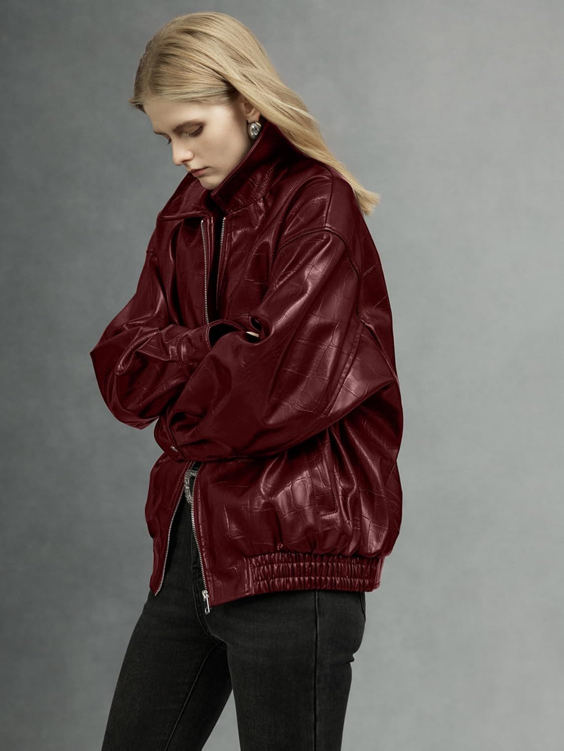 Bellivera Women's Oversized Faux Leather Jackets Retro Zip Up Casual Bomber and Biker Jackets for Spring Fall - Image 5