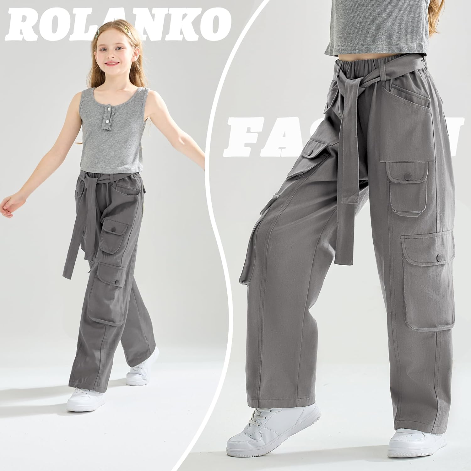 Rolanko Girls Cargo Pants Baggy Y2K Cargo Trousers Jeans Wide Leg Pants with Multi Pockets 4-15 Years - Image 2