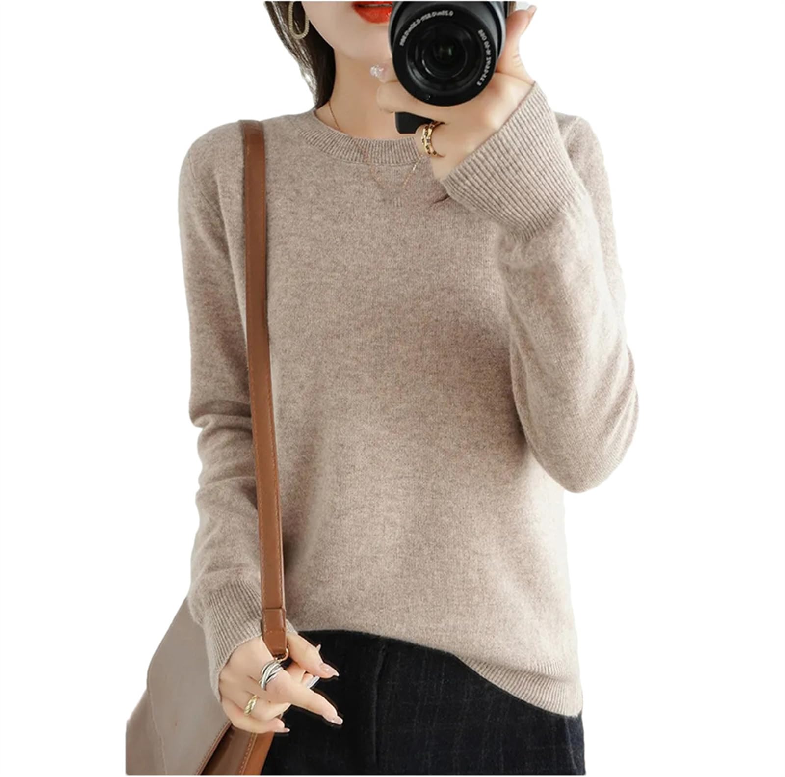 Haitpant Damen-Pullover aus 100 % Wolle, Kaschmir, Herbst, Winter, koreanischer Rundkragen, lässig, Strickjacke, Tops