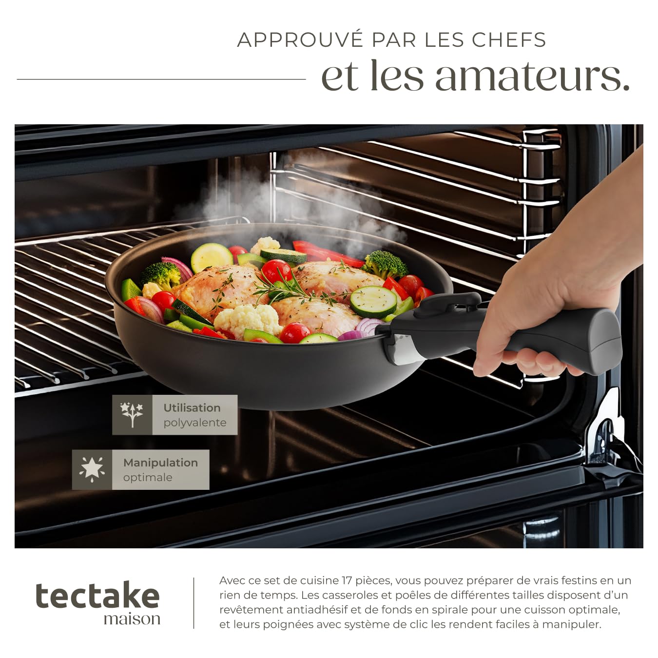 tectake® Batterie de cuisine 17 pcs, 2 Casseroles, 3 Poêles à frire, 1 Poele à griller, 4 couvercle casserole, 5 protège Casseroles Batterie de cuisine Induction, Cuisinère gaz, Vitrocéramique, Noir