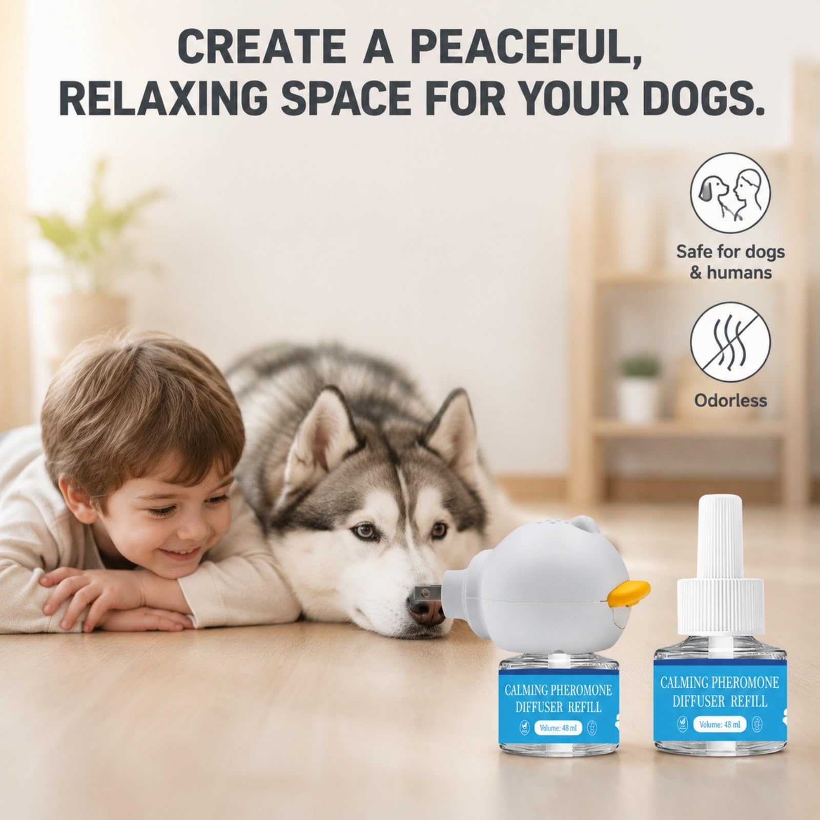 Difusor de Feromonas Relajante para Perros – con Luz LED, Recarga 2x48ml, No Medicado, Sin Somnolencia, Alivia Ansiedad por Separación y Estrés por Tormentas, 60 Días de Duración
