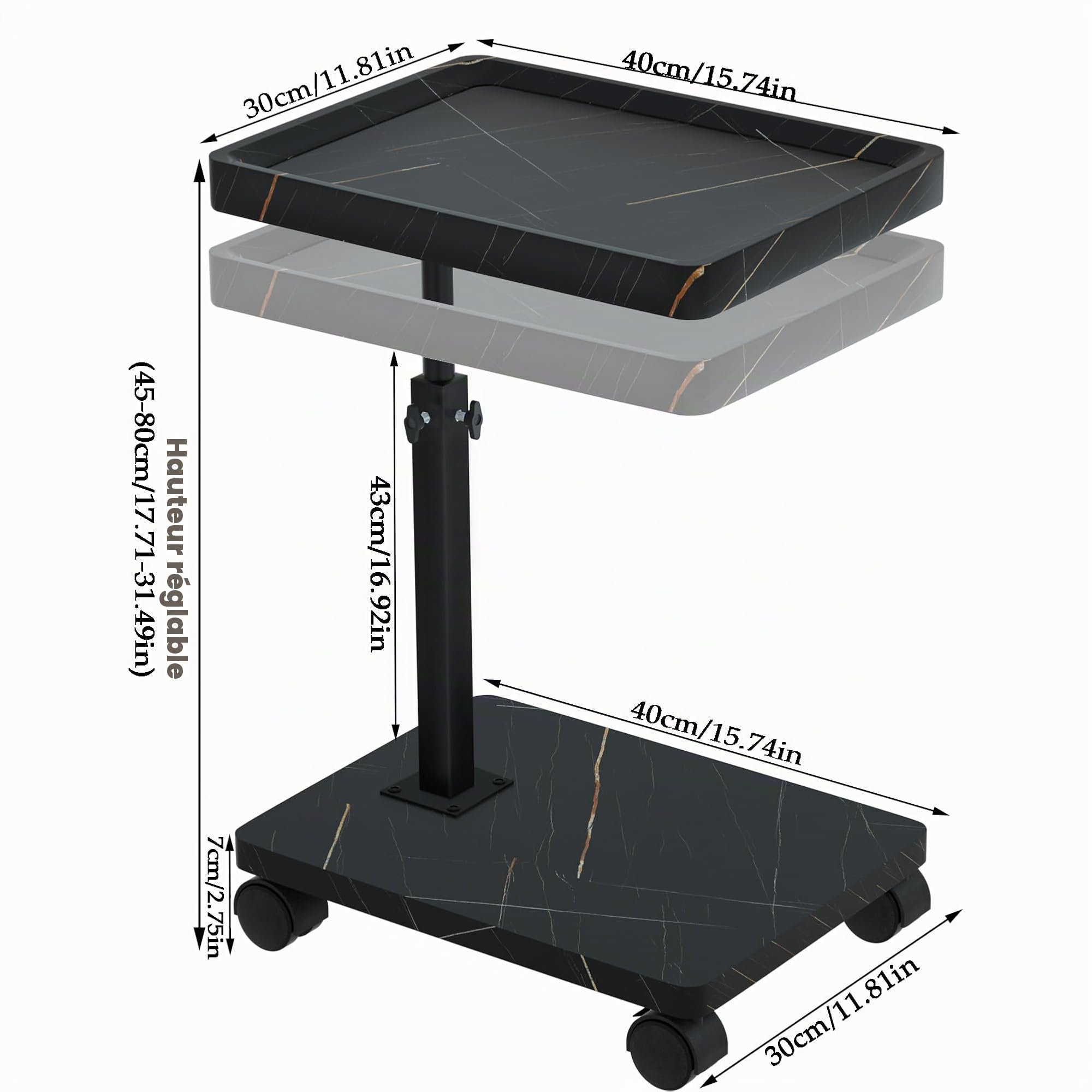 Table D'appoint - Table Dappoint avec Roulettes - Bout de Canape Hauteur Réglable (45-80 cm) et Rotative à 360° - Bout de Canape Bois Facile à Monter - Petite Table Basse pour Salon Balcon Chambre