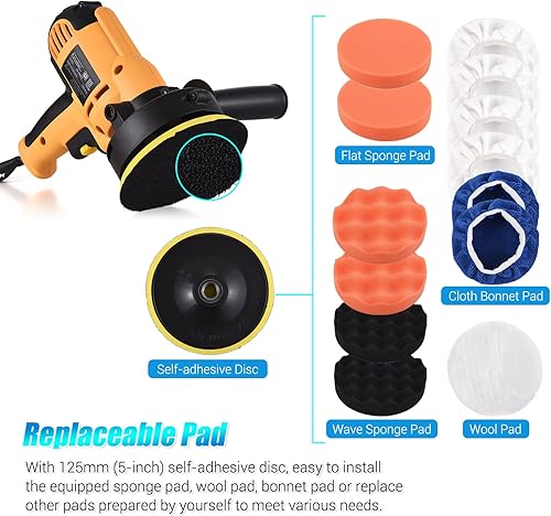 Miniatura 4 de Pulidora de búfer, cera de tampón Geevorks de 5 pulgadas, pulidora de coche de velocidad variable 600-3700 RPM con mango desmontable, 6 almohadillas