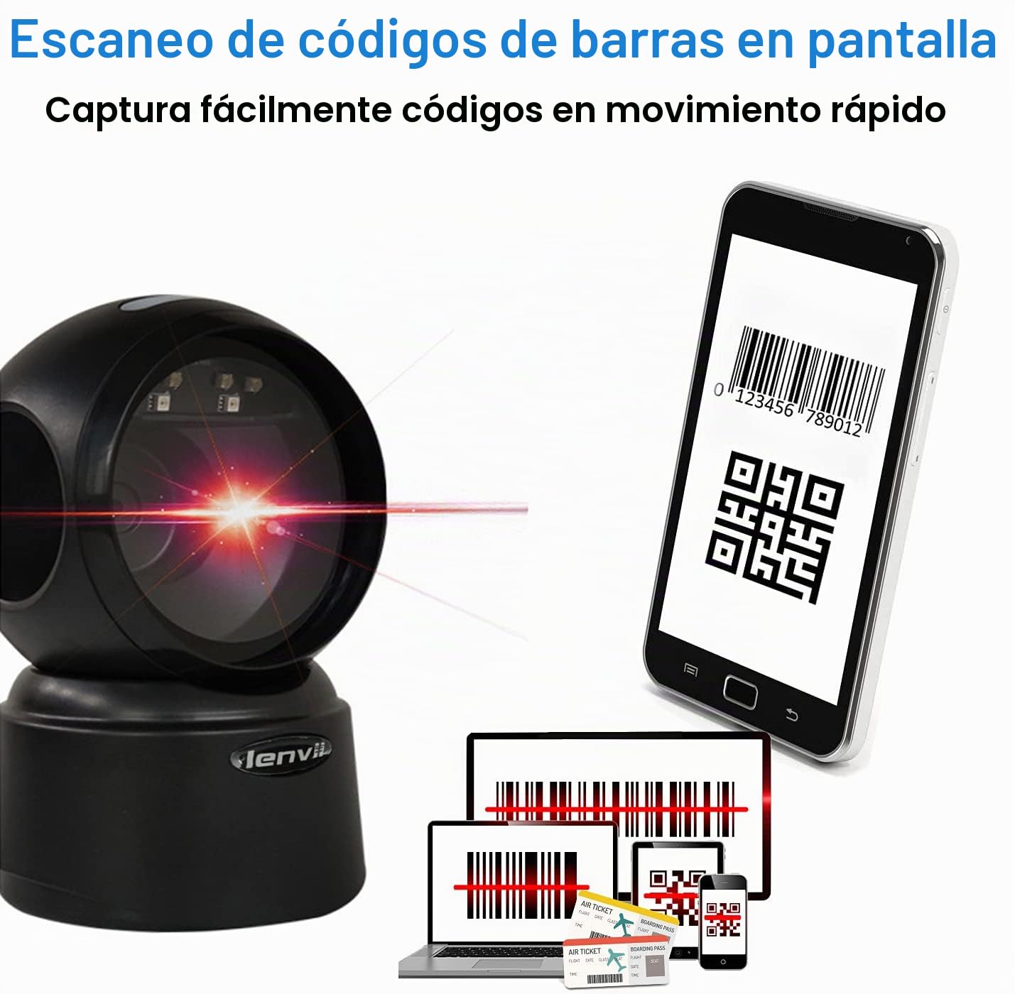 LENVII 1D 2D QR Escáner De Códigos De Barras De Escritorio Omnidireccional Lector De Código De Barras USB Barcode Scanner Manos Libres con Detección Automática Admite Escaneo de Pantalla para
