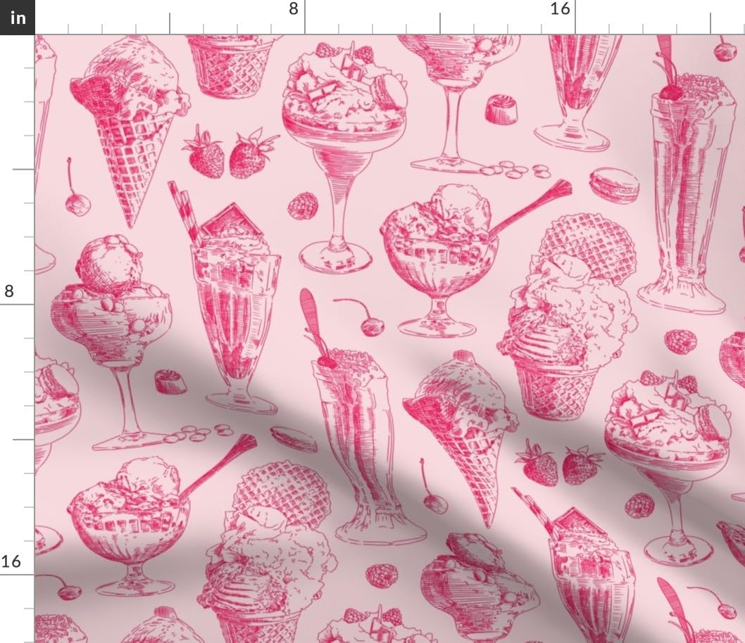 Spoonflower Fabric - Pink Vintage Ice Cream Summer Monochrome Milkshake Dessert Toile De Printed on Petal Cotton Fabric Fat Quarter - Sewing Quilting Apparel Crafts Decor