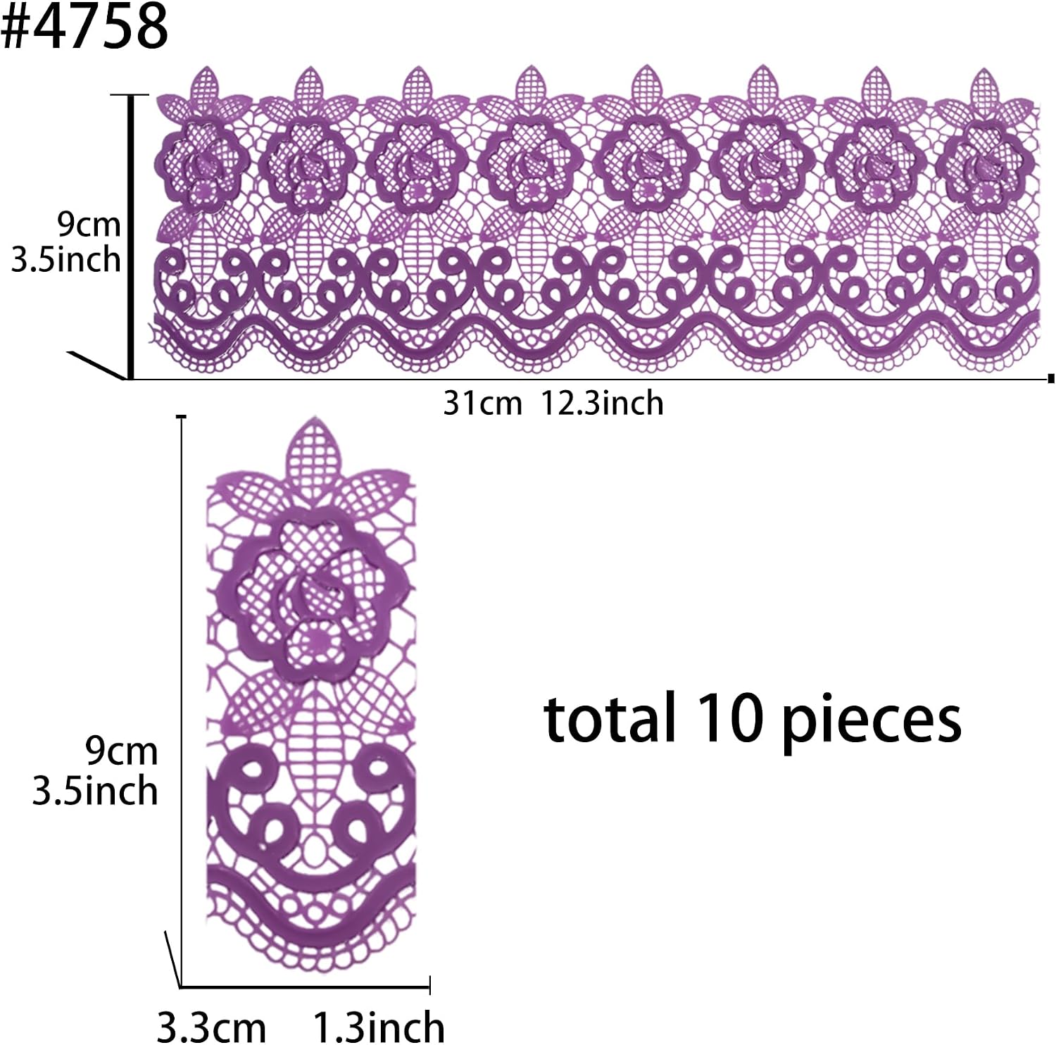 Large Pre-Made Ready to Use Edible Cake Lace Floral Medallion Purple 12-inch 10-Piece Set
