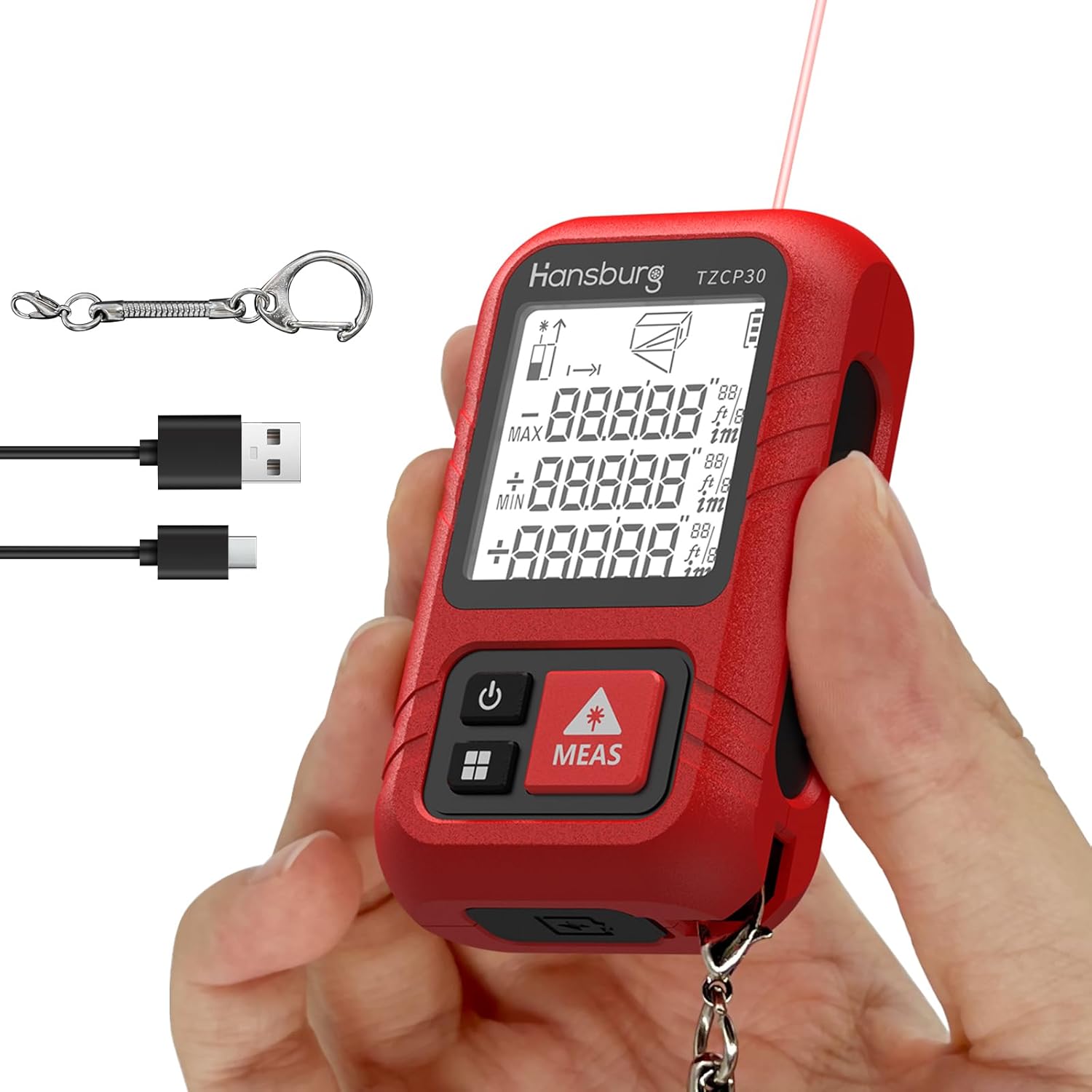 Hansburg Laser Measurement Tool 98 Ft / 30m Digital Laser Tape Measure Portable Chargeable Medidor Laser for Length, Area, Wall Area, Volume and 4 Pythagorean Modes with IP65 Waterproof, Key Chain