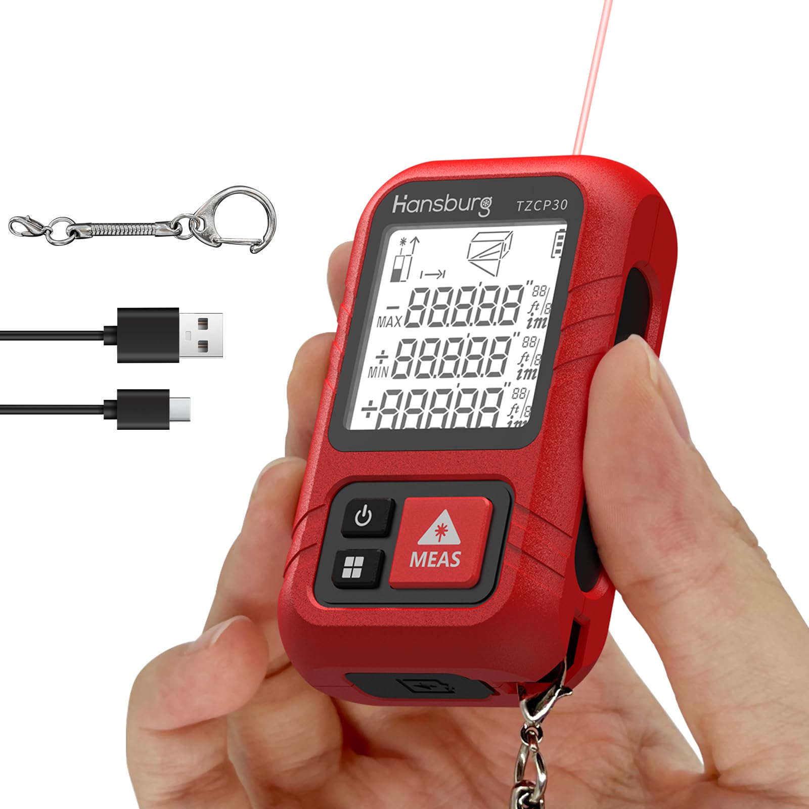 Hansburg Laser Measurement Tool 98 Ft / 30m Digital Laser Tape Measure Portable Chargeable Medidor Laser for Length, Area, Wall Area, Volume and 4