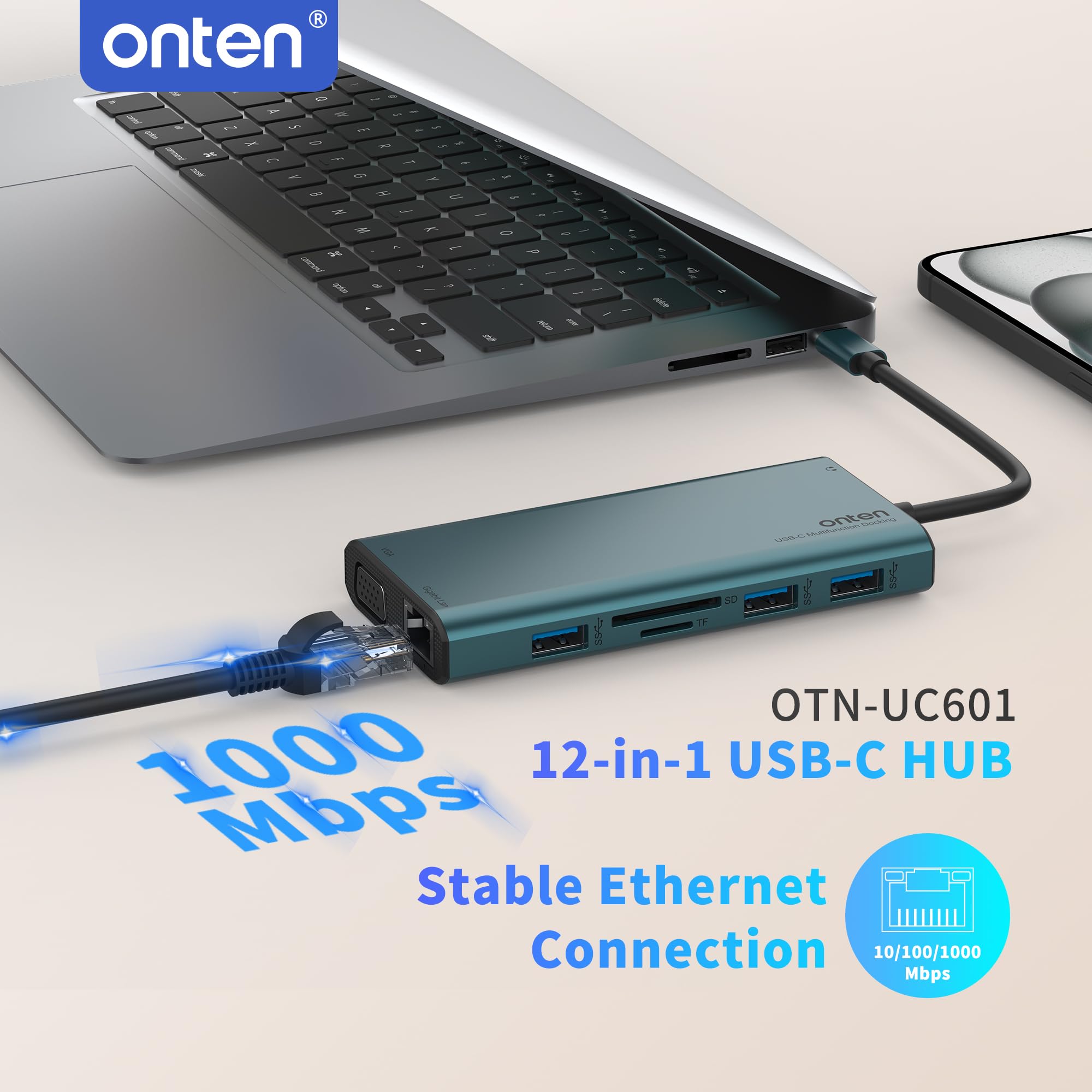 Onten USB C Hub 12in1, Docking Station mit 2X HDMI 4K, 100W Power Delivery, 3X USB 3.0, Gigabit LAN, VGA 1080P, SD/TF Kartenleser, Audio – MacBook Pro/Air, Windows, Tablets