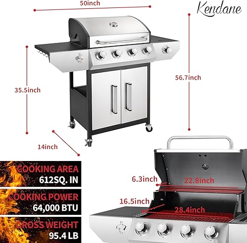 Miniatura 3 de Parrilla de barbacoa de gas propano de 4 quemadores con quemador lateral, parrilla de gas con rejillas de hierro fundido esmaltado para patio al