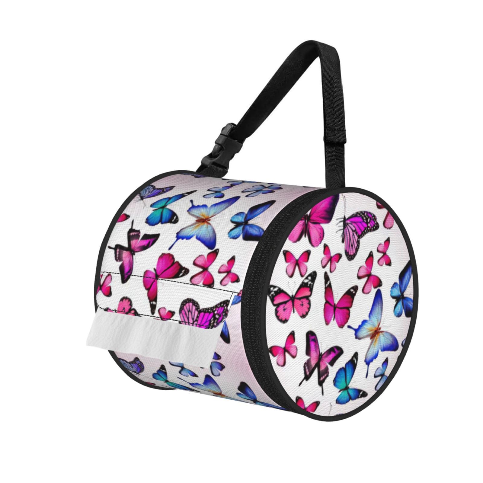 Jiuty Black Color Butterfly Print Cylinder Tissue Organizer Bag With Strap, Portable Toilet Roll Holder For Camping Car