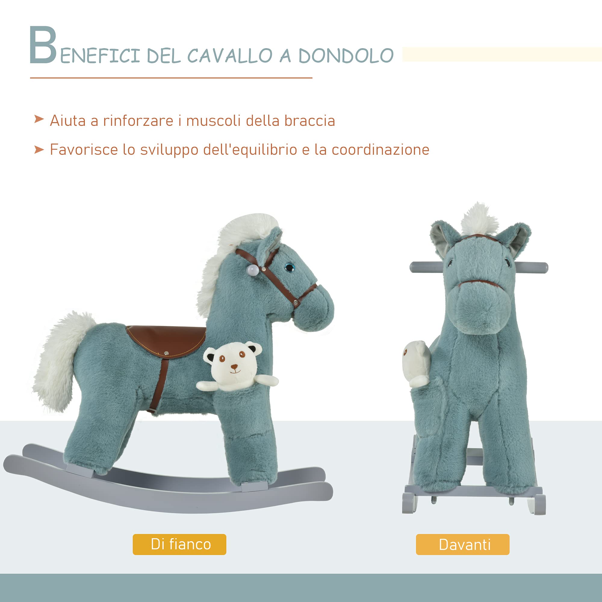 HOMCOM Cavallo a Dondolo per Bambini in Peluche e Legno con Suoni e Orsetto Incluso, per Bimbi da 18-36 Mesi, 65x26x55cm, Blu