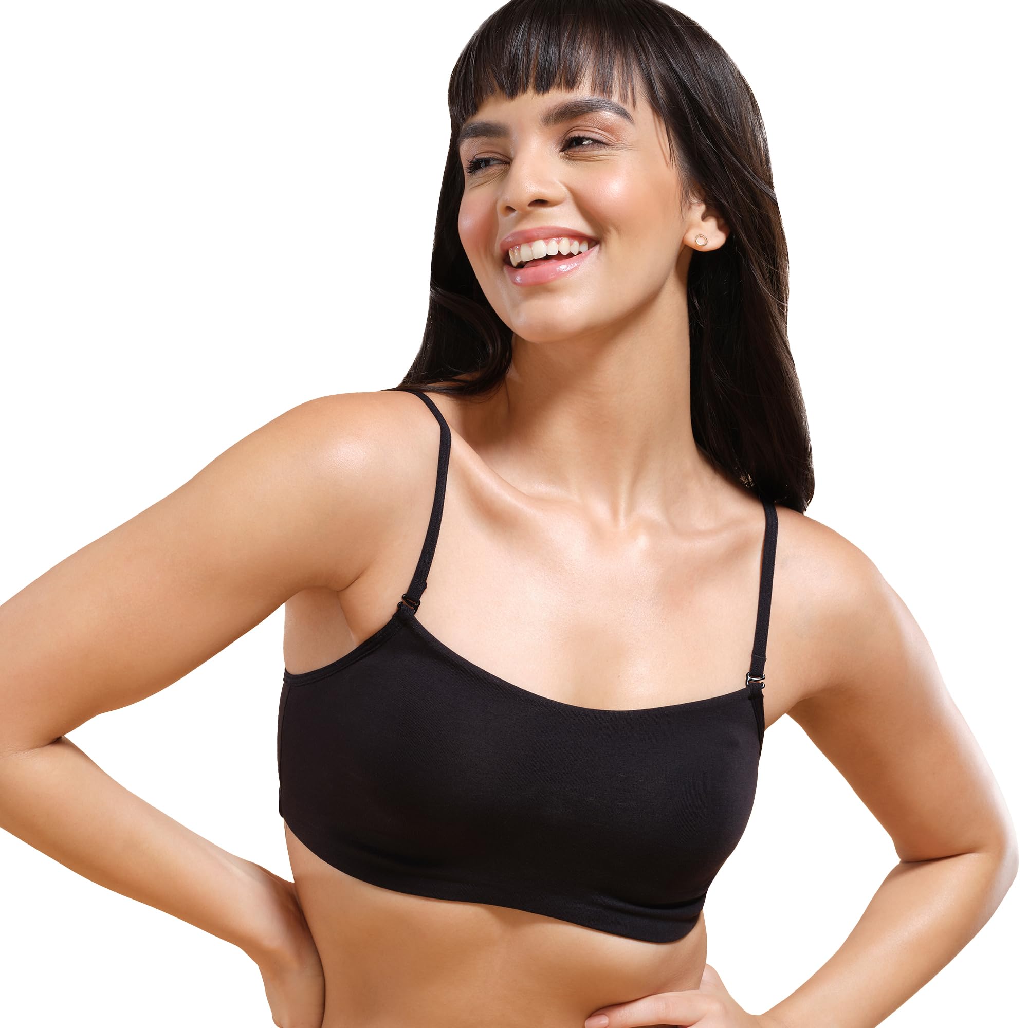 Moulded Double Layer Front Women's Cotton Cami Bra - Detachable Slim Straps with Back Keyhole, Non Padded, Wirefree, High Coverage - A022