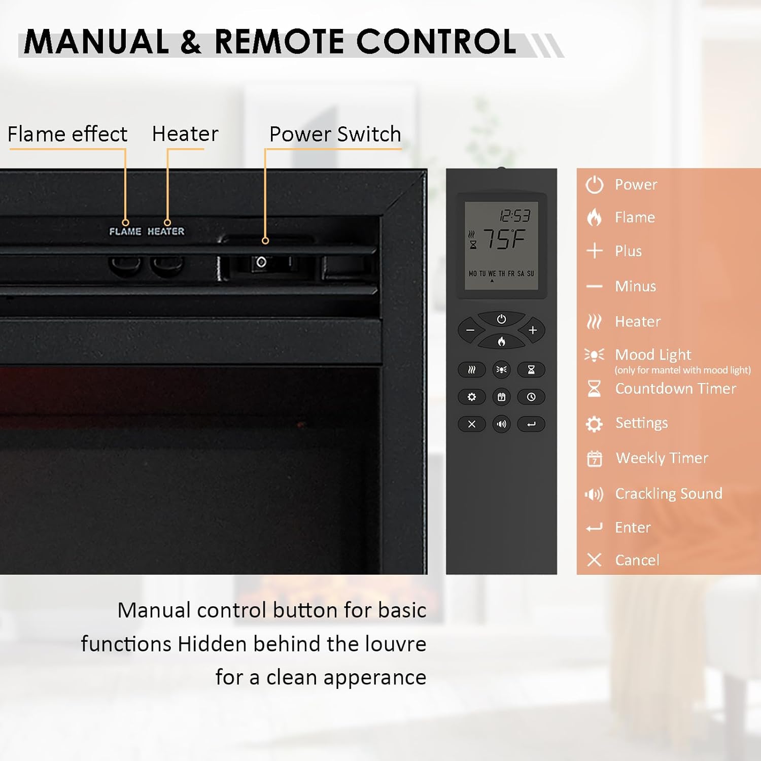 Close-up of manual control buttons and remote control for the fireplace
