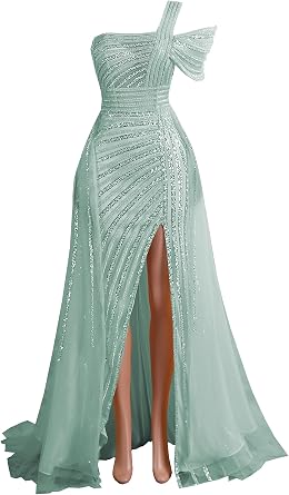 Evening Dress Beaded Sequin One Shoulder Split Tulle Prom Dress