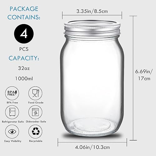 Miniatura 3 de YEBODA Paquete de 4 tarros de vidrio de boca ancha de 32 onzas con tapas herméticas y bandas para conservar, mermelada, miel, gelatina, recuerdos de