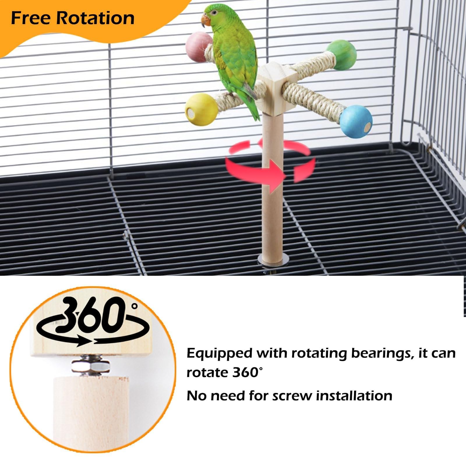Bird Stand Perch Toy, Interactive Spinning Parakeet Toys, Wooden Exercise Wheel Parrot Toy, Enrichment Cockatiel Toy for Birds Cage, Bird Cage Accessories Perch Toys for Budgies (S) - image 2