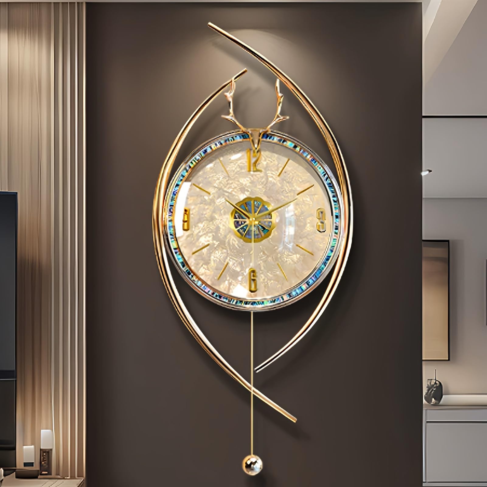 Grande Orologio da Parete Decorativo in Madreperla con Pendolo, Silenzioso, Moderno, in Metallo Dorato, Ideale per arredare Il Soggiorno, con Cervo, Perfetto per l'ingresso o la Camera da Le