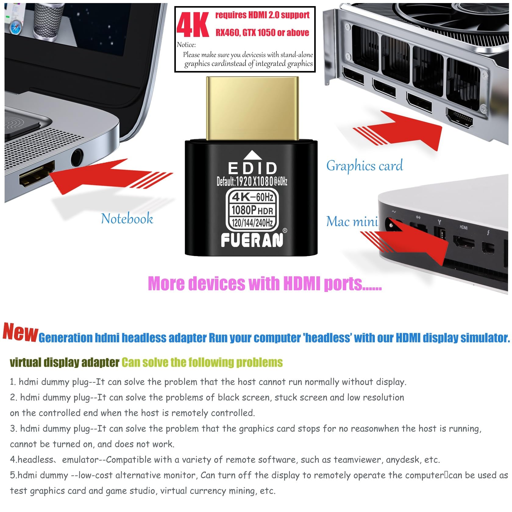 HDMI Dummy Plug 4K HDR,4K@60Hz、1440@144Hz、1080P@240Hz，edid Emulator Virtual Display Adapter,hdmi Headless Adapter,Display Port Dummy hdmi Plug (NEW-4K-HDR(default1920X1080) 1P-)