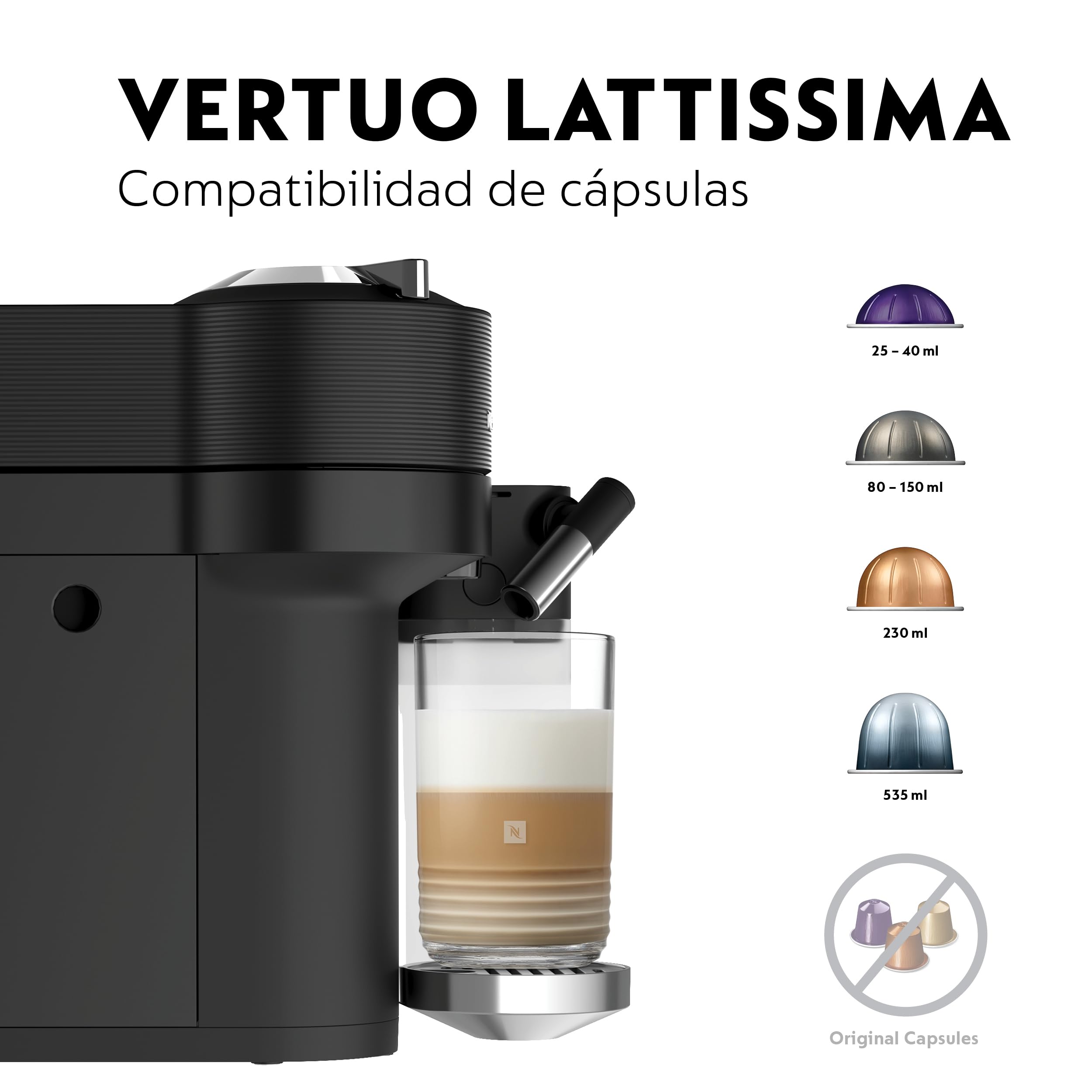 De'Longhi Nespresso Vertuo Lattissima ENV300.B, Máquina de Café Automática con Espumador de Leche Automático, Cafetera de Cápsulas Individual, 5 Tamaños de Taza, 1500W, Negro Mate y Brillante | Cafetera con sistema de leche integrado, 5 tamaños de taza, c
