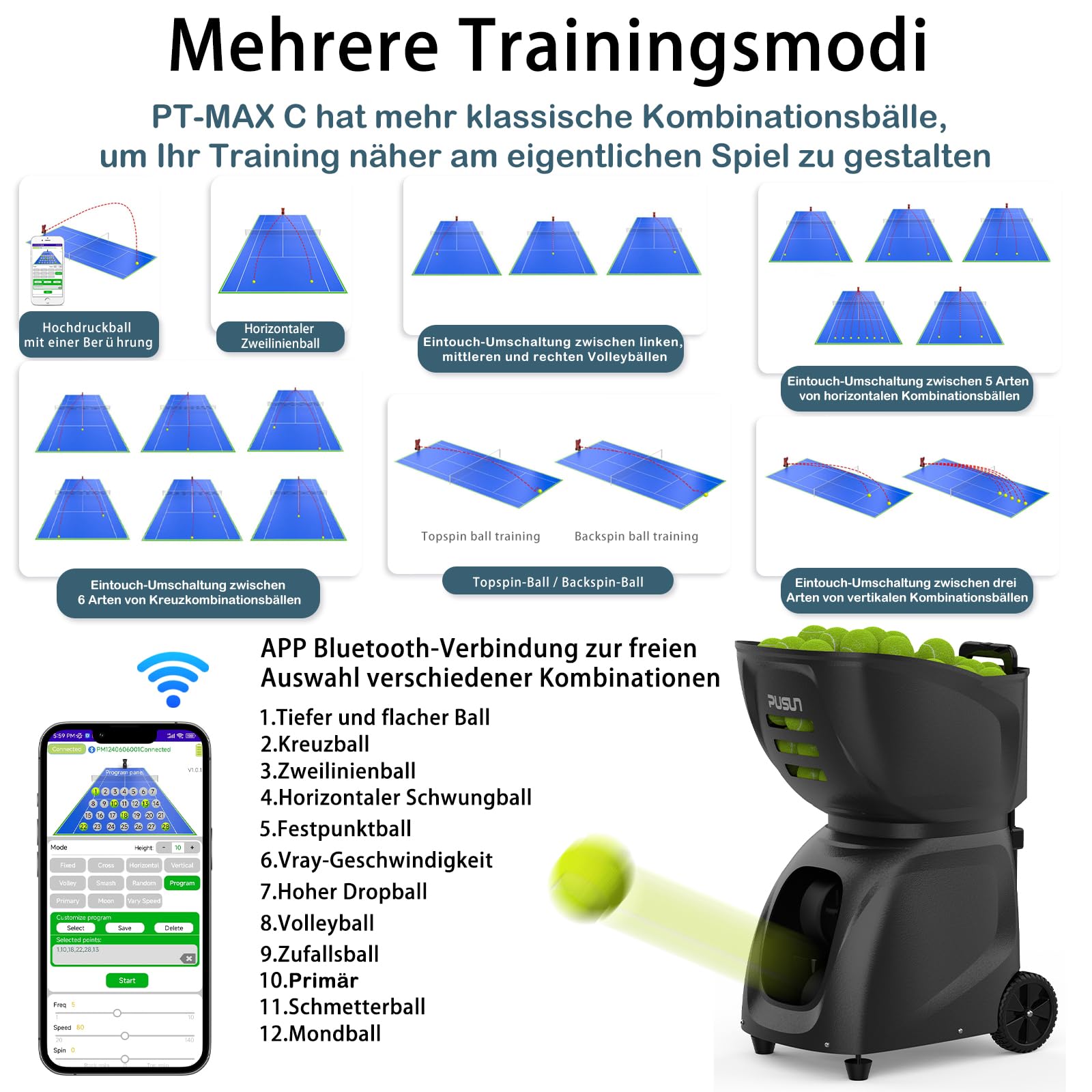 PUSUN PT-MAX C Tennisballmaschine - Profi Ballwerfer mit APP-Steuerung (App für Apple Watch), 28 Landepunkte & 26 Modi, Smart Trainer für alle Spielniveaus mit variablem System (5-7 Std.)