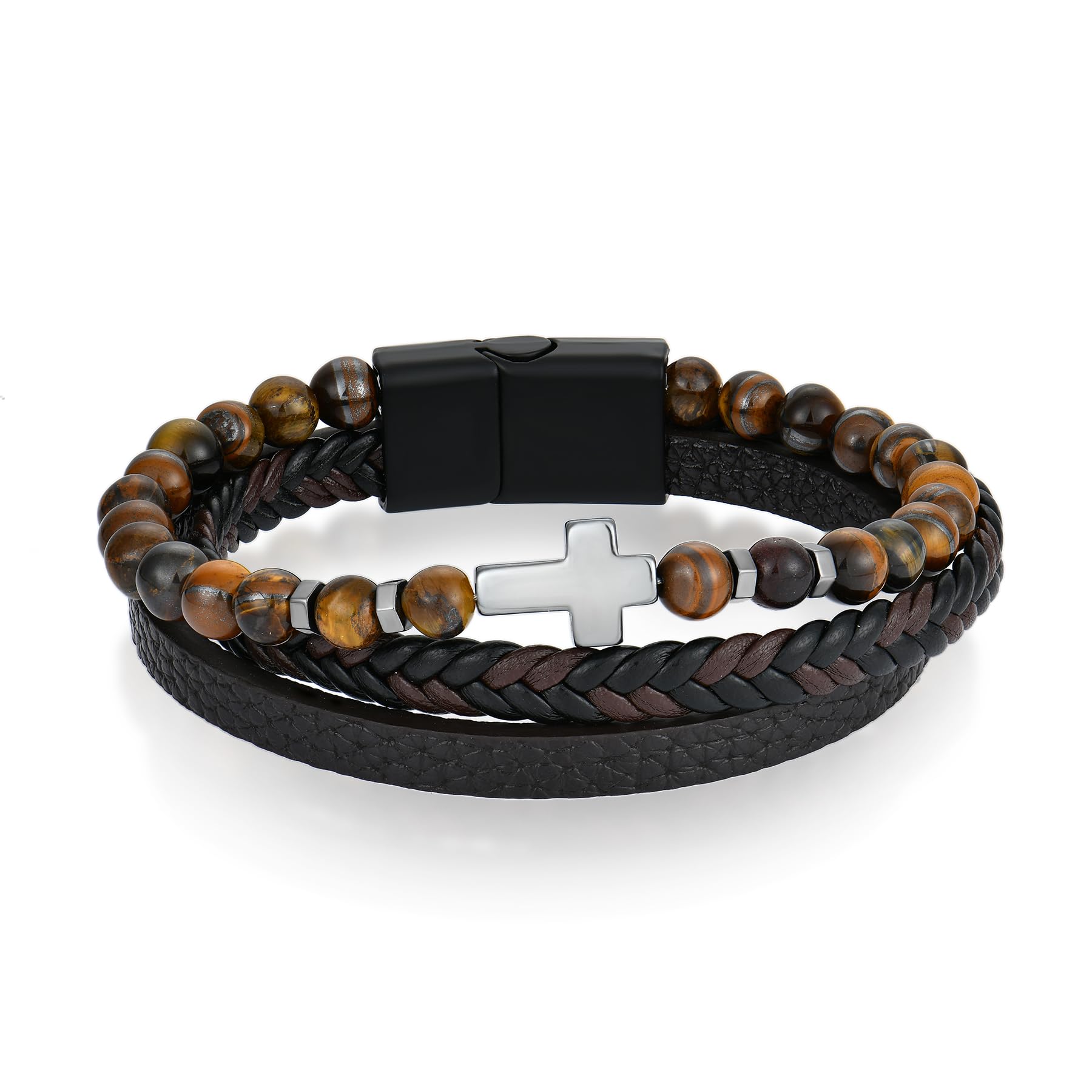 Raymard Mens Christian Cross Double Row Leather Bracelet, Religious Braided Cuff Bracelet for Men