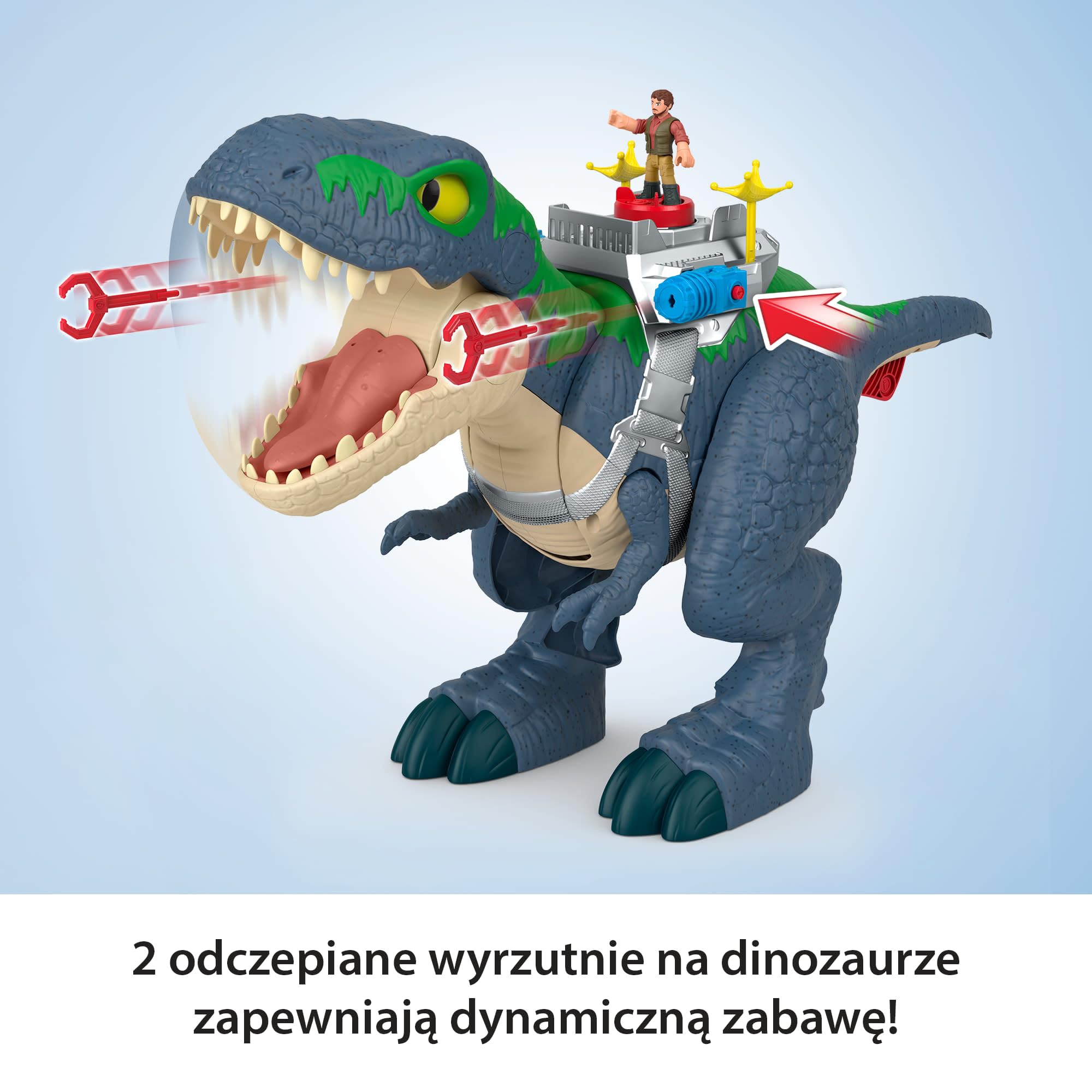 Fisher-Price Imaginext Jurassic World Odrodzenie T. Rex Mega Akcja Wielki gryz Figurka światła i dźwięki + 2 małe figurki Zestaw Interaktywna zabawka dinozaur 3+, JGR40
