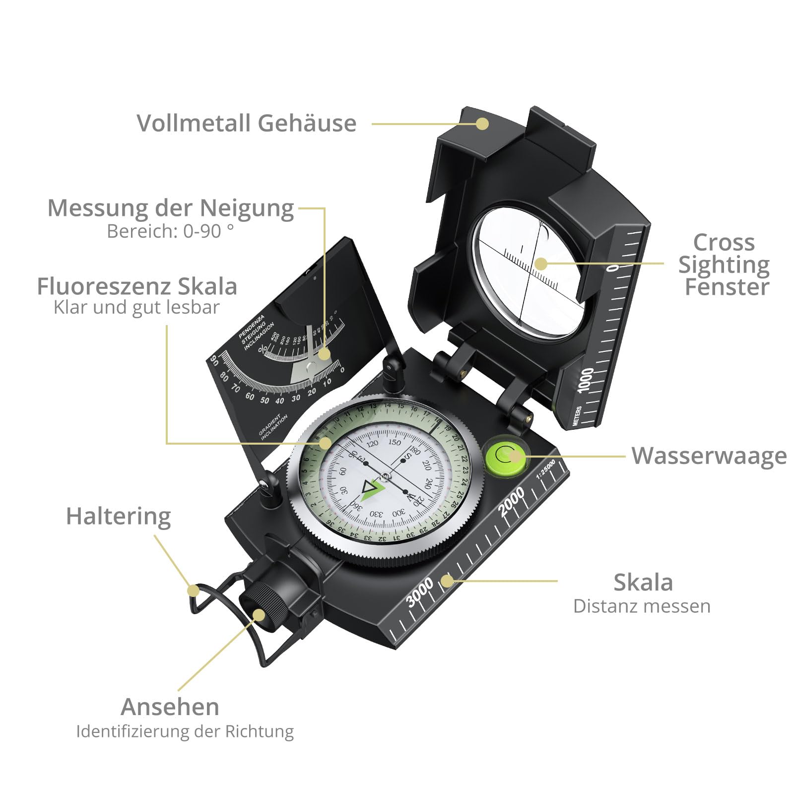Anbte Kompass Militär mit Klinometer Professioneller Marschkompass IP65 Compass mit Tragetasche Wasserdicht Navigation Compass für Jagd Camping Wandern Outdoor-Aktivitäten