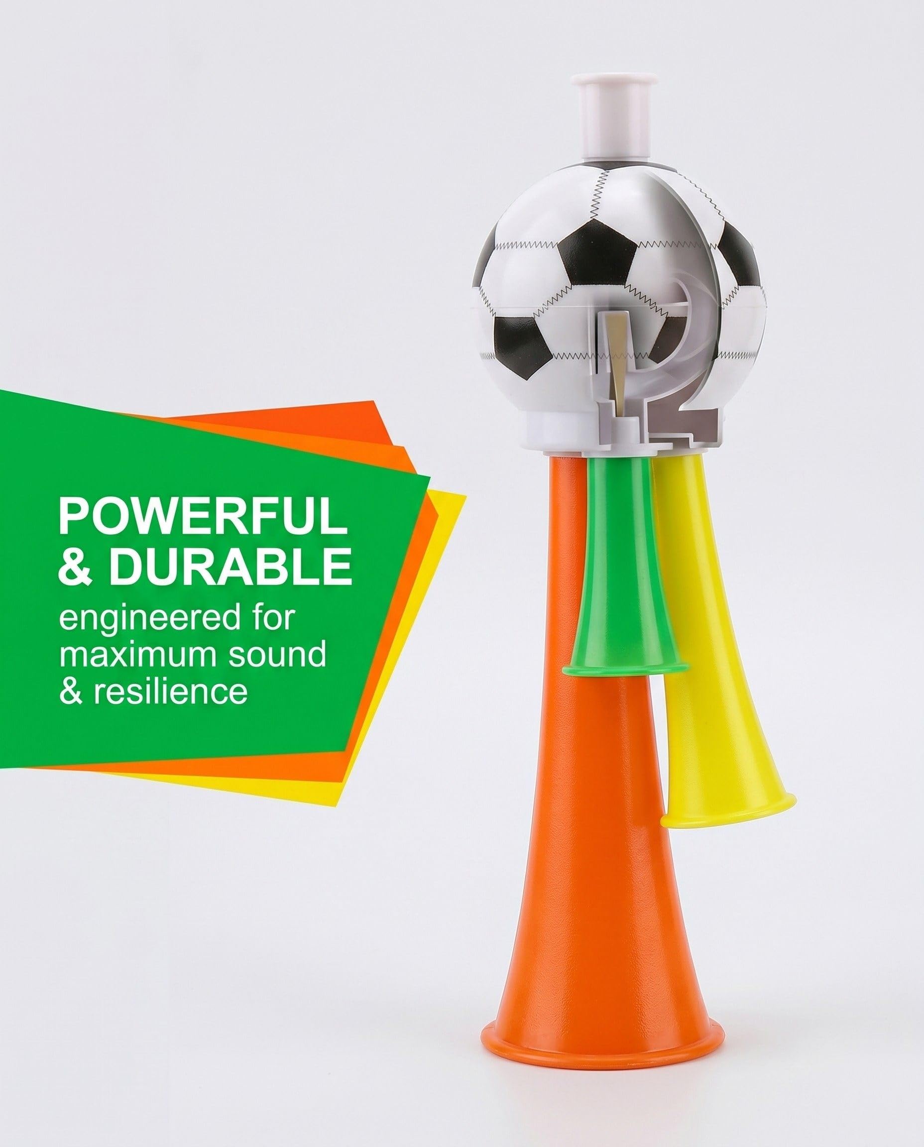 Vuvuzela 4 pièces, haut-parleur et trépied compact pour encourager le football en stade. Idéal comme fanfare pour les événements sportifs, les tournois de football et le basket-ball.